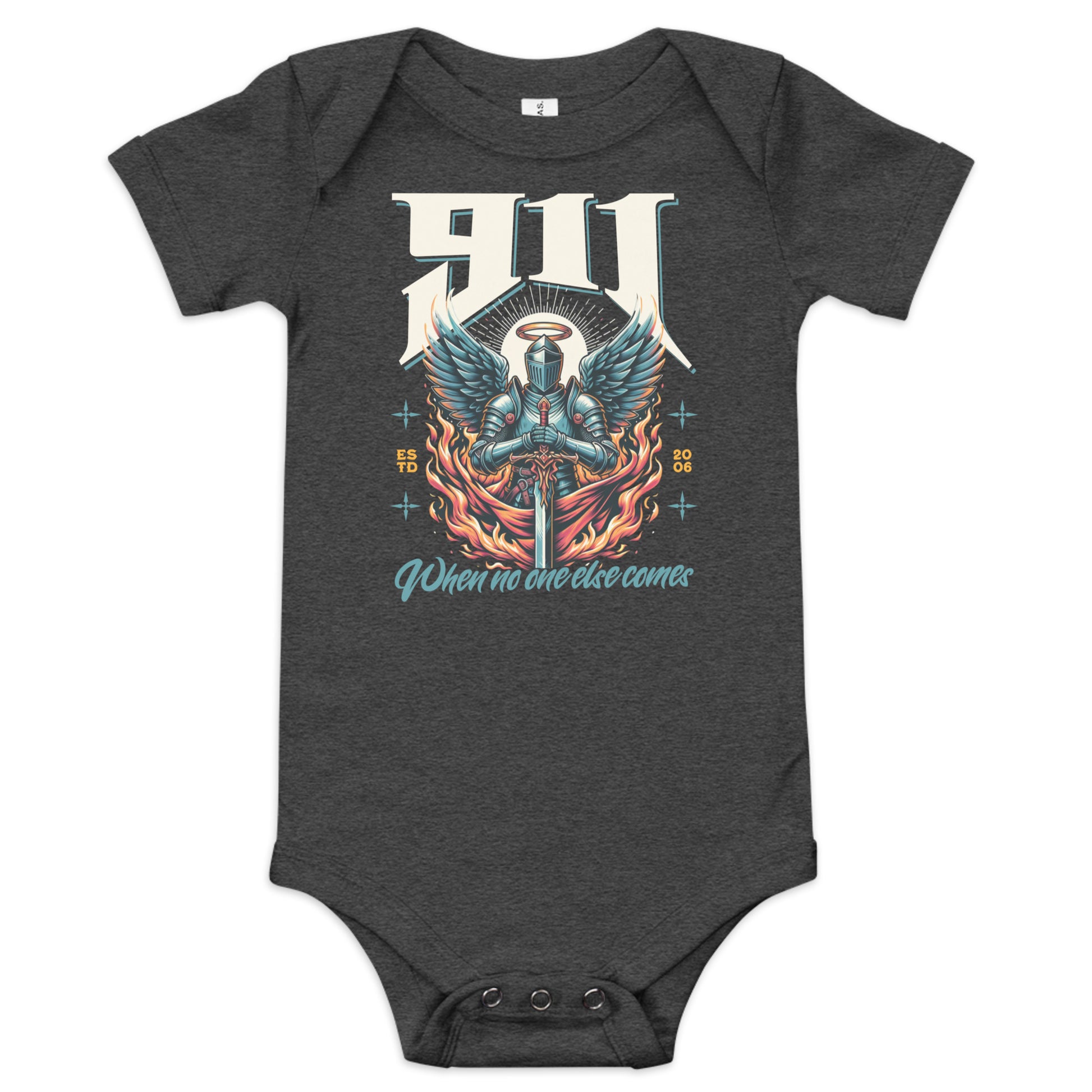 Dark gray baby onesie with a graphic design on a white background