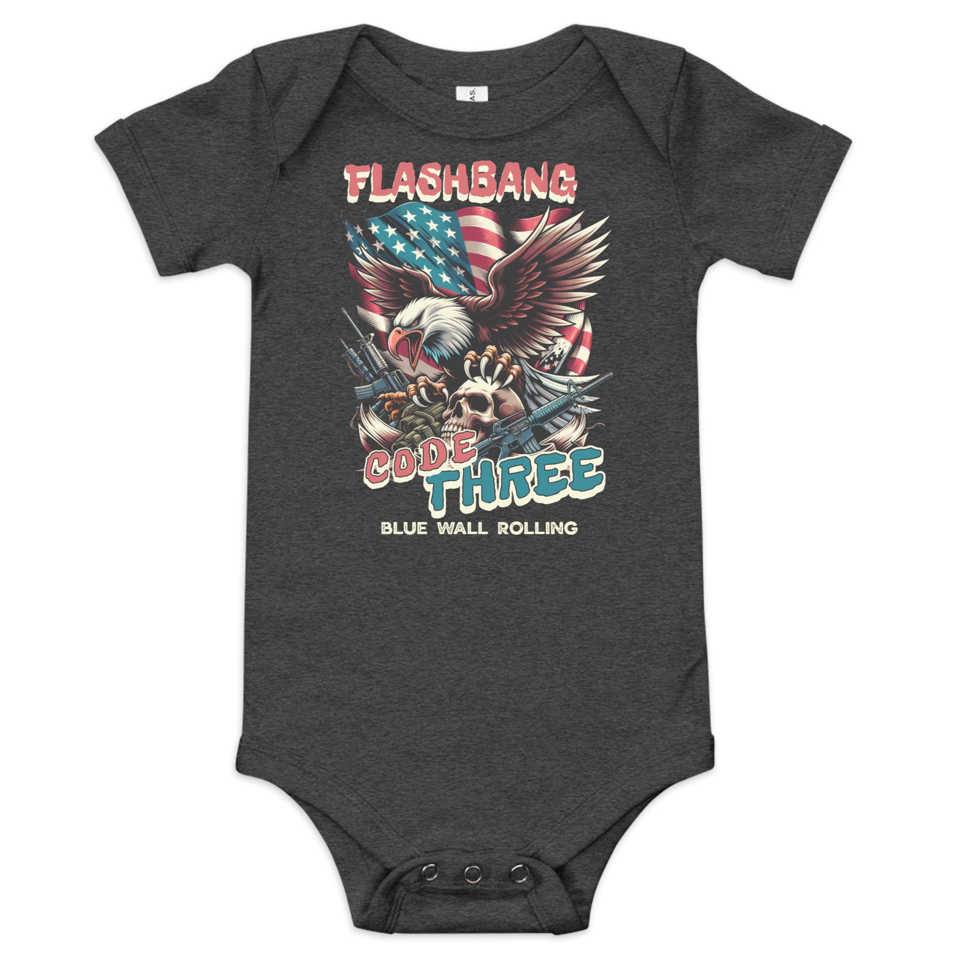 Dark gray baby onesie with graphic design featuring an eagle, American flag, and text on a white background.