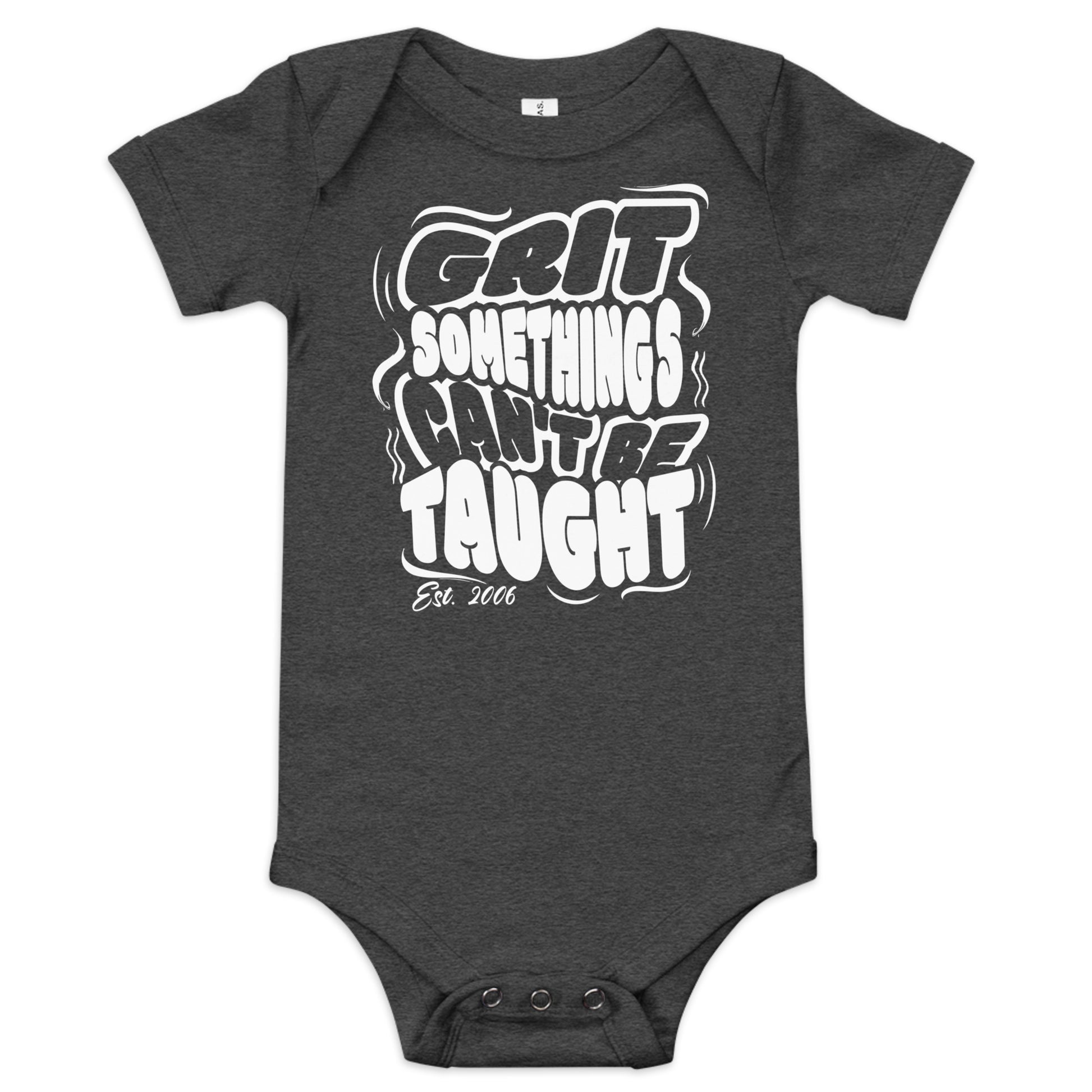 Dark gray baby onesie with white text on a white background