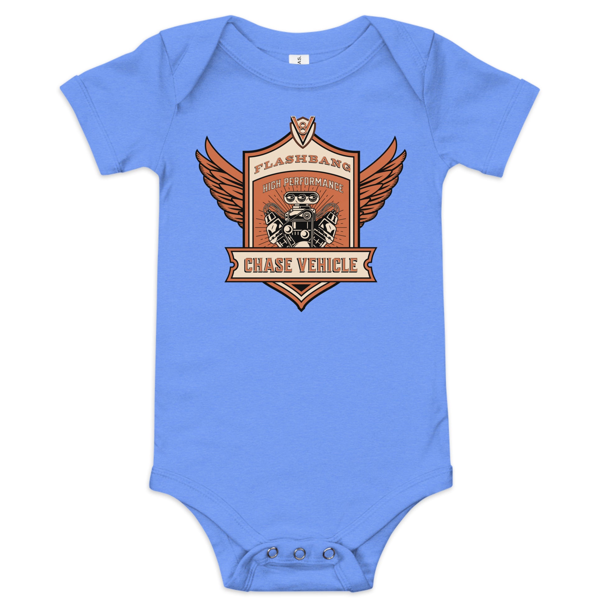 Blue baby onesie with a graphic design on a white background