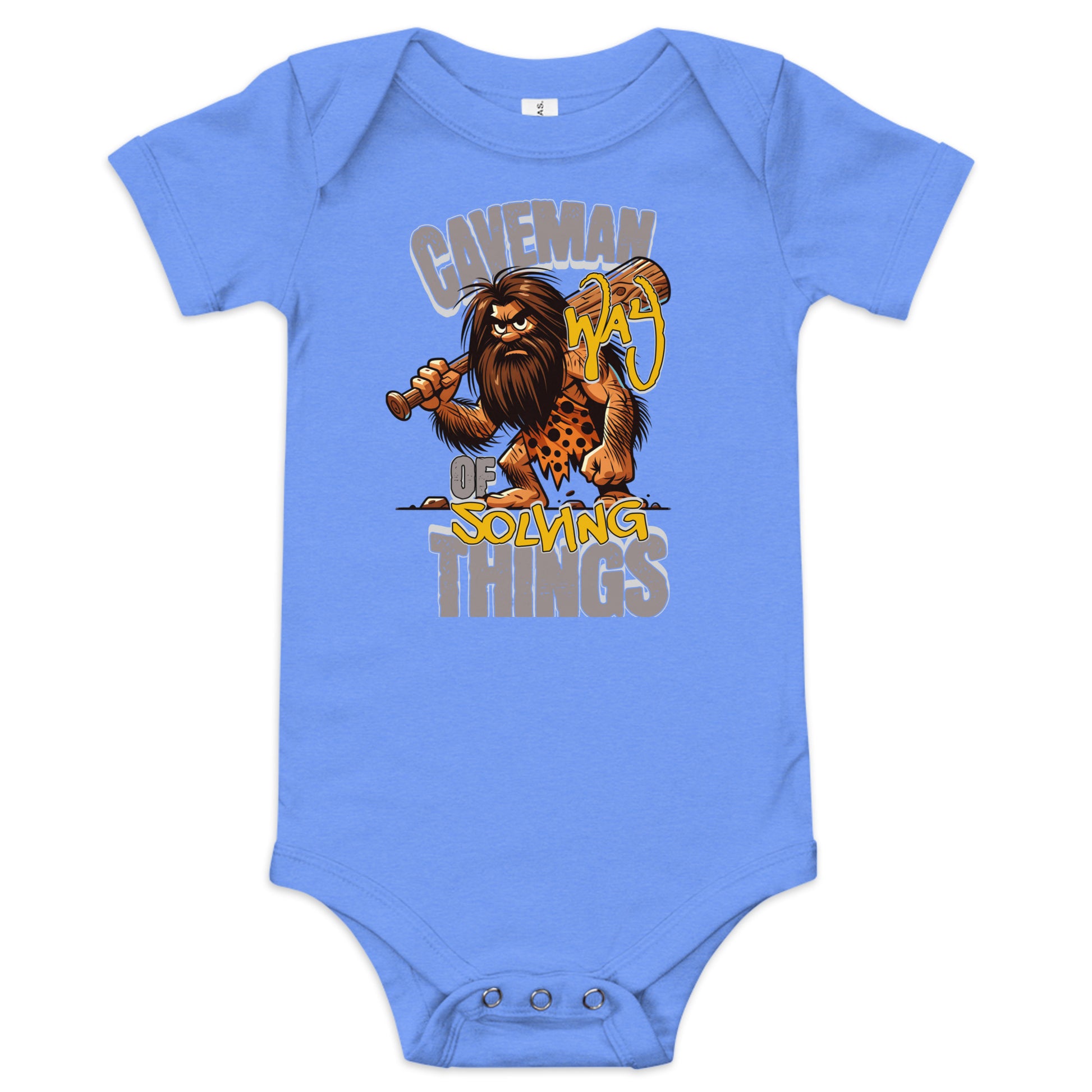 Blue baby onesie with a caveman graphic and text on a white background