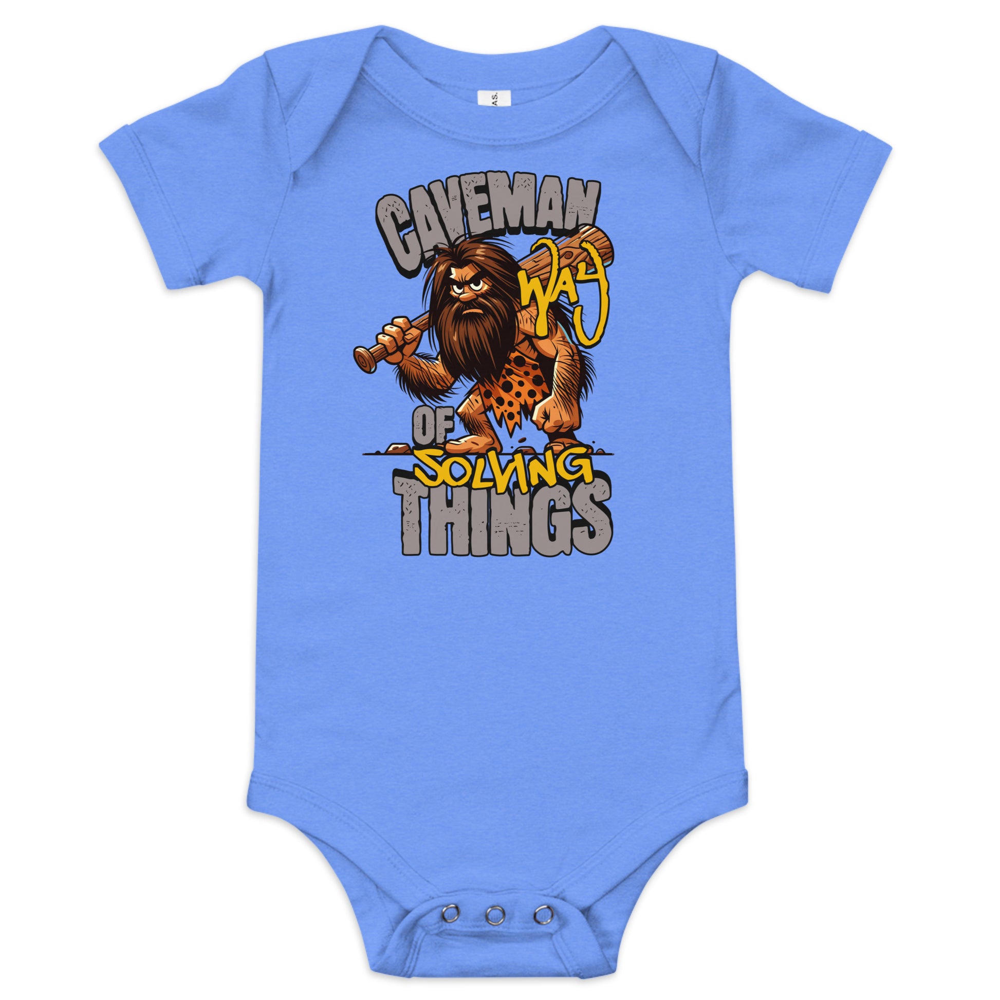 Blue baby onesie with a cartoon caveman design and text on a white background