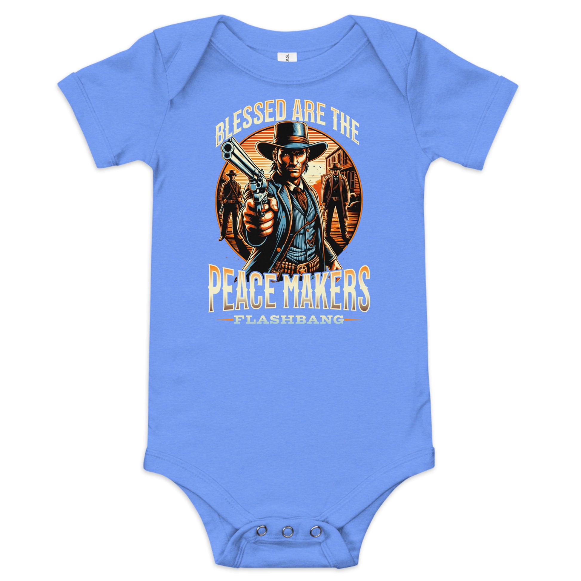 Blue baby onesie with a graphic design of a cowboy and text on a white background