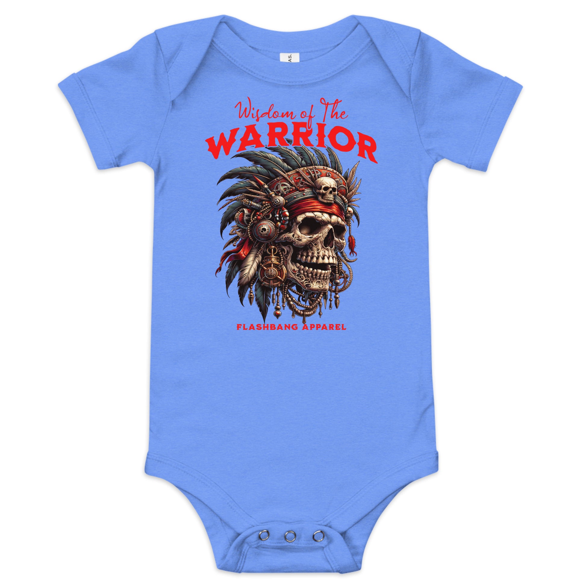 Blue baby onesie with warrior-themed design and text on a white background