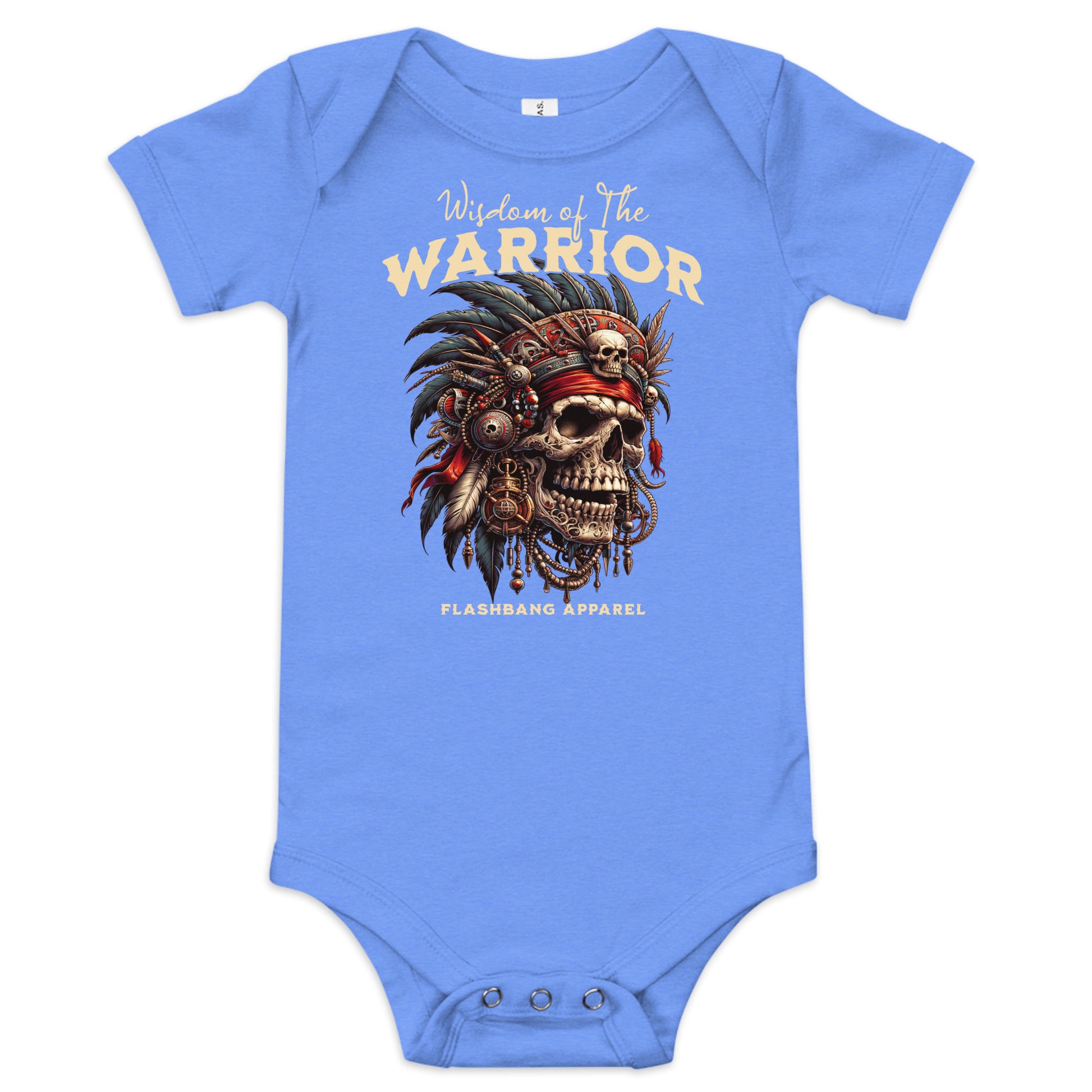 Blue baby onesie with warrior design and text on a white background