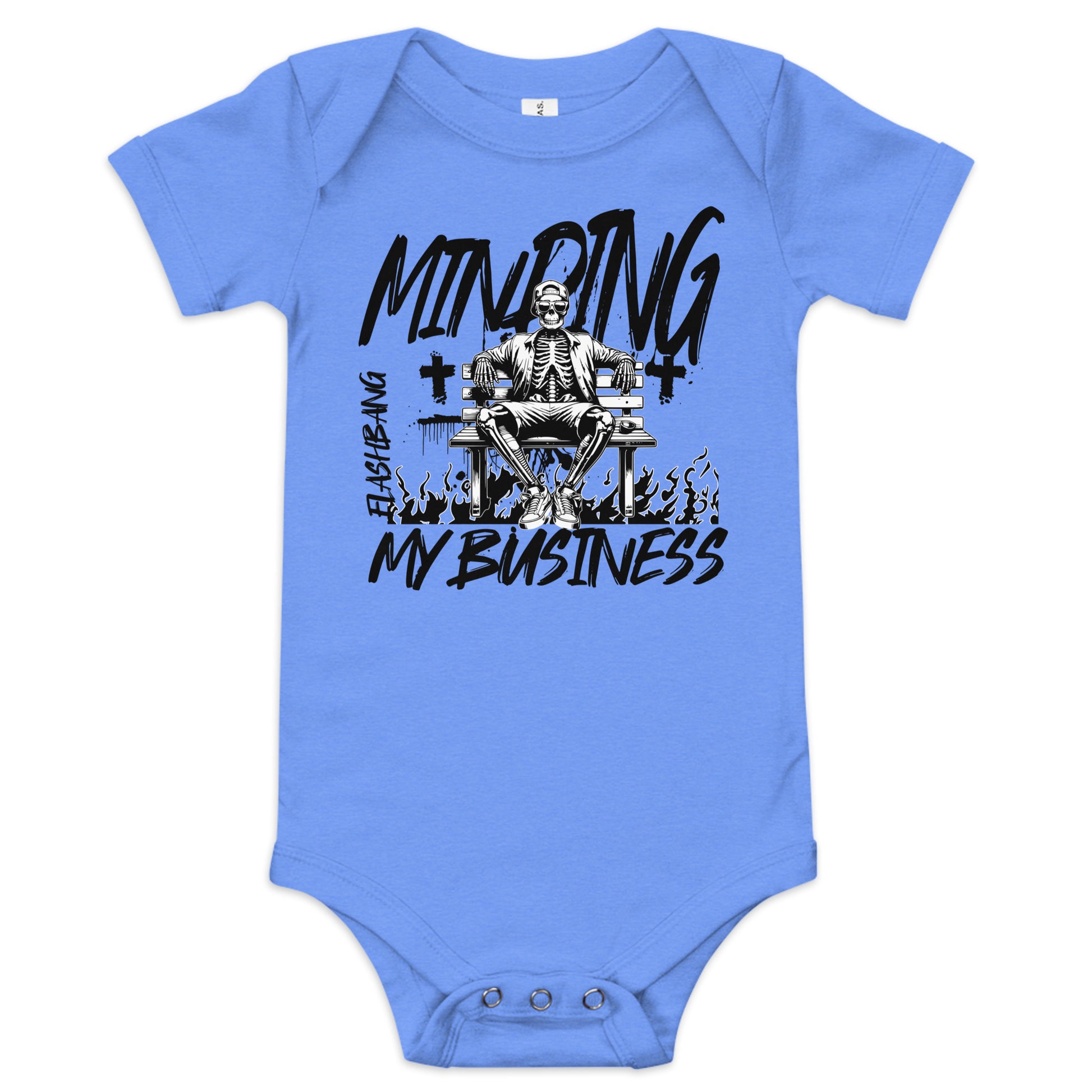 Blue baby onesie with skeleton design and text on a white background