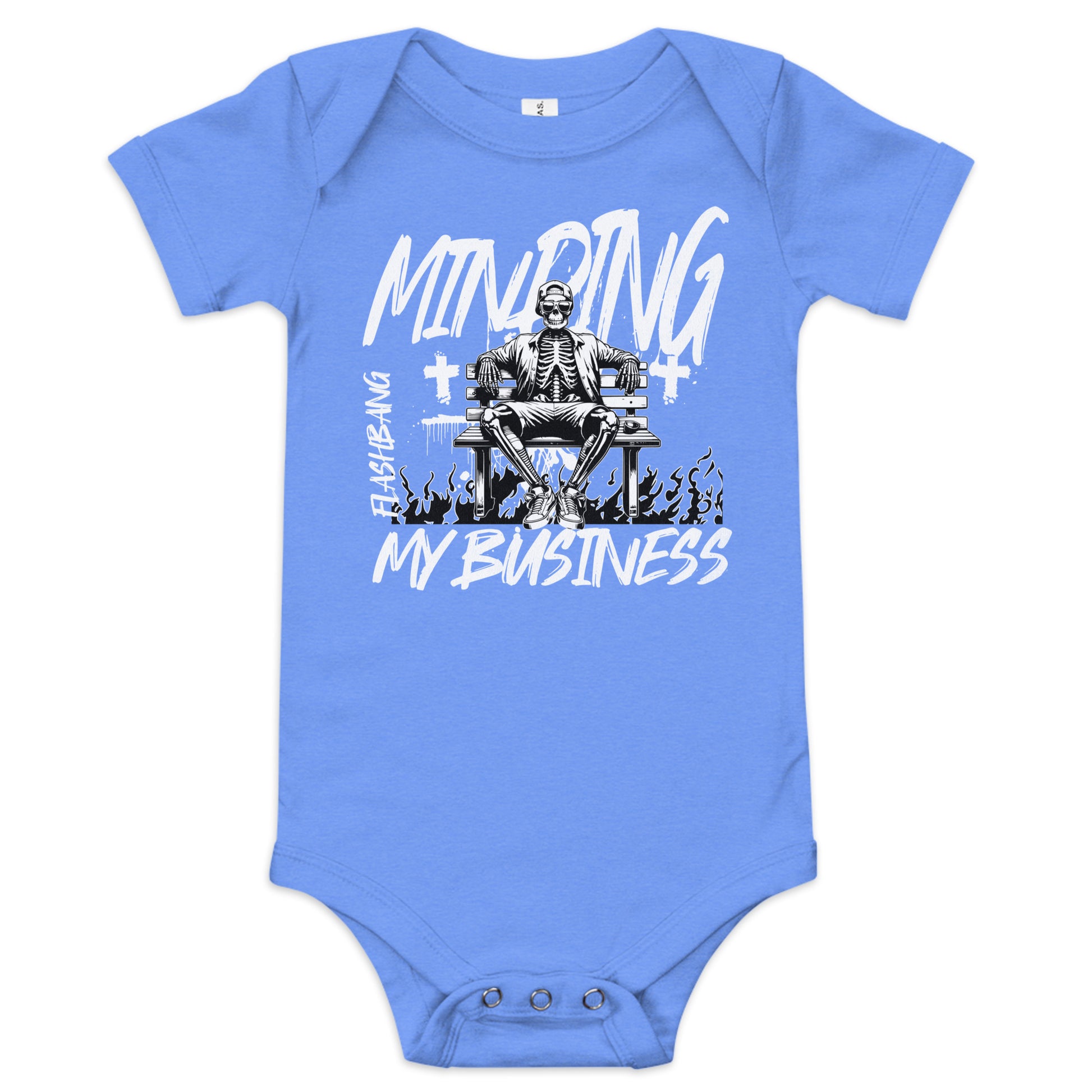 Blue baby onesie with a skeleton design and text on a white background