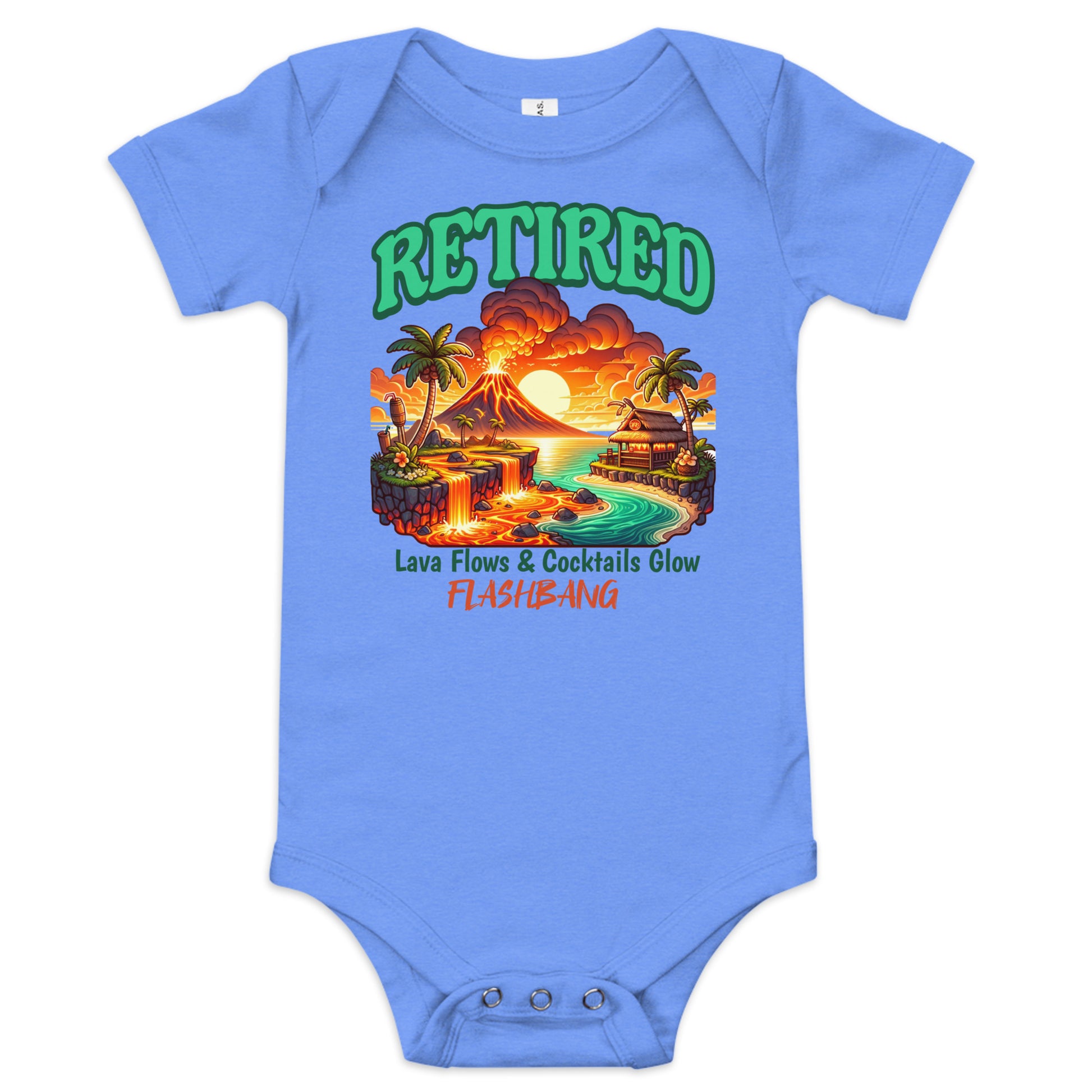 Blue baby onesie with a tropical design and text on a white background