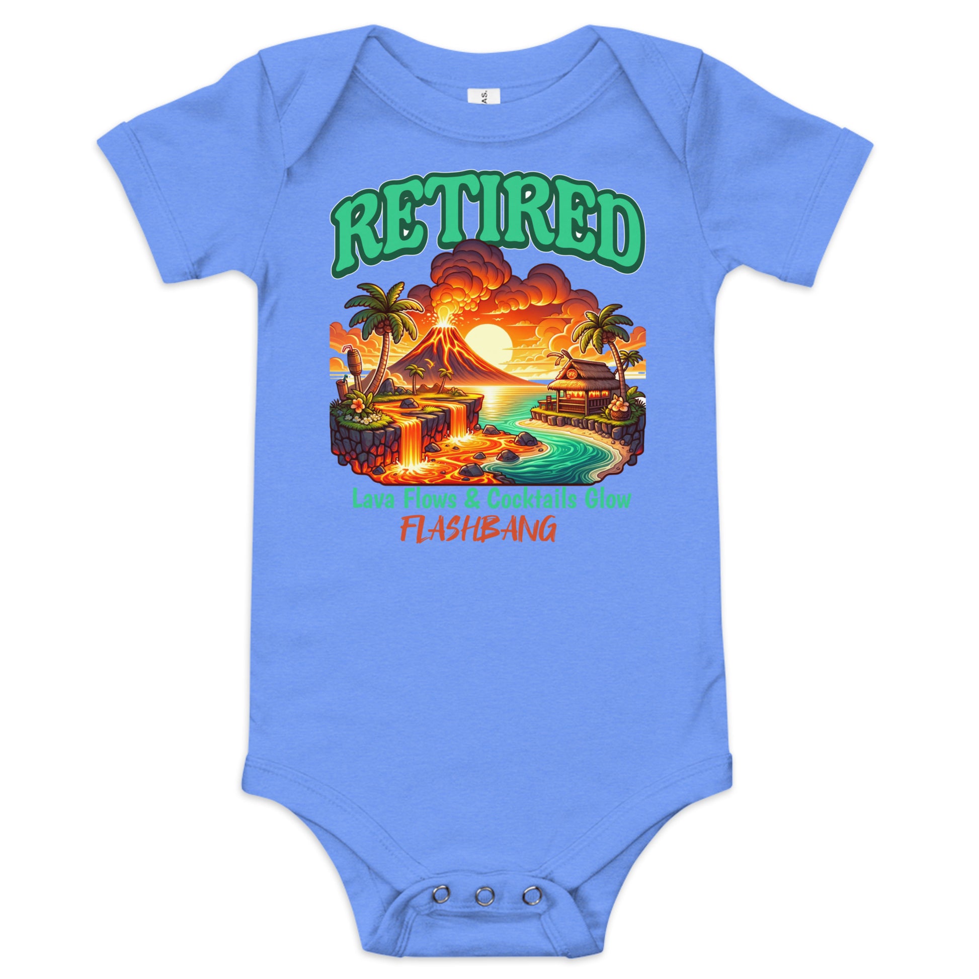 Blue baby onesie with a tropical graphic and 'Retired' text on a white background