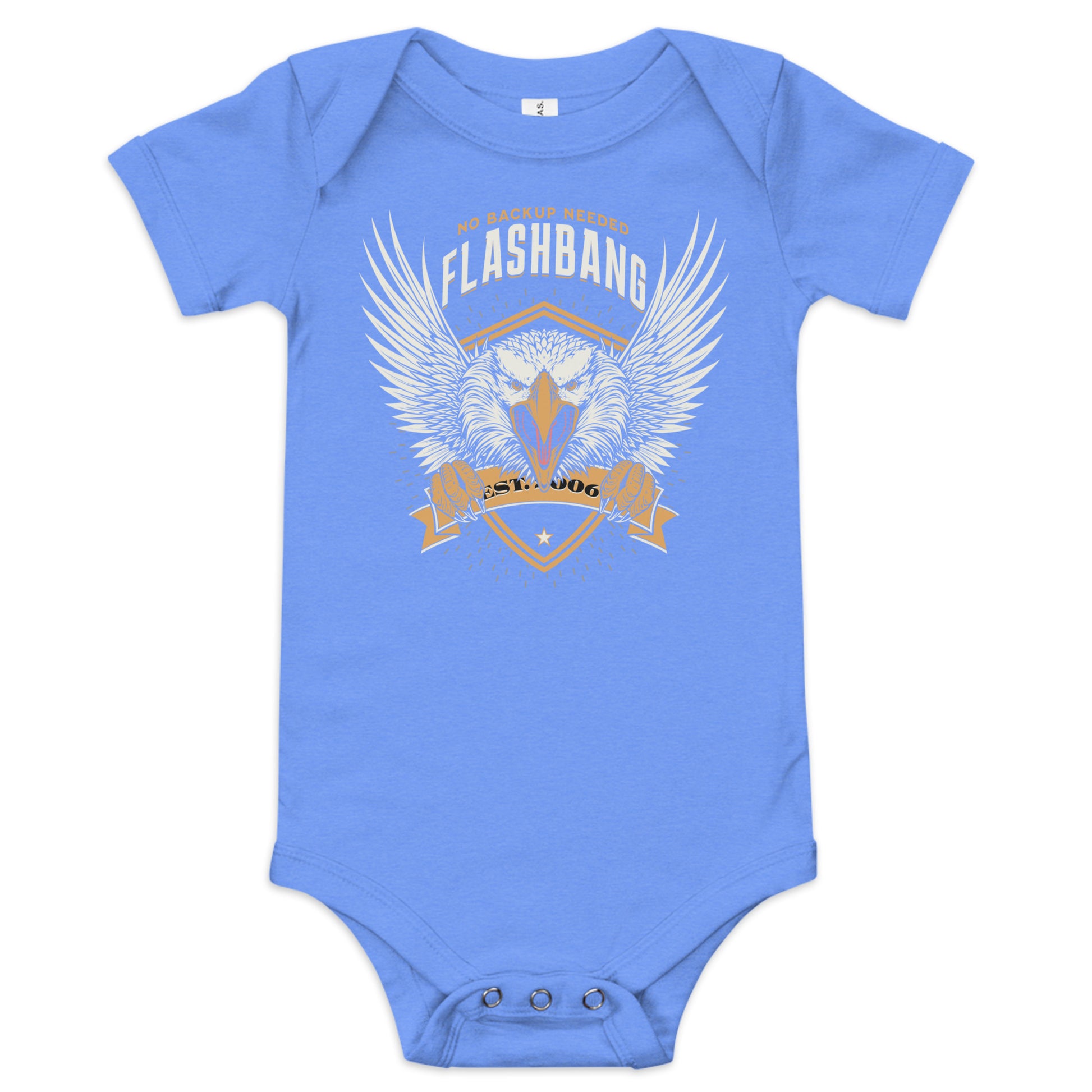 Blue baby onesie with 'Flashbang' graphic design on a white background