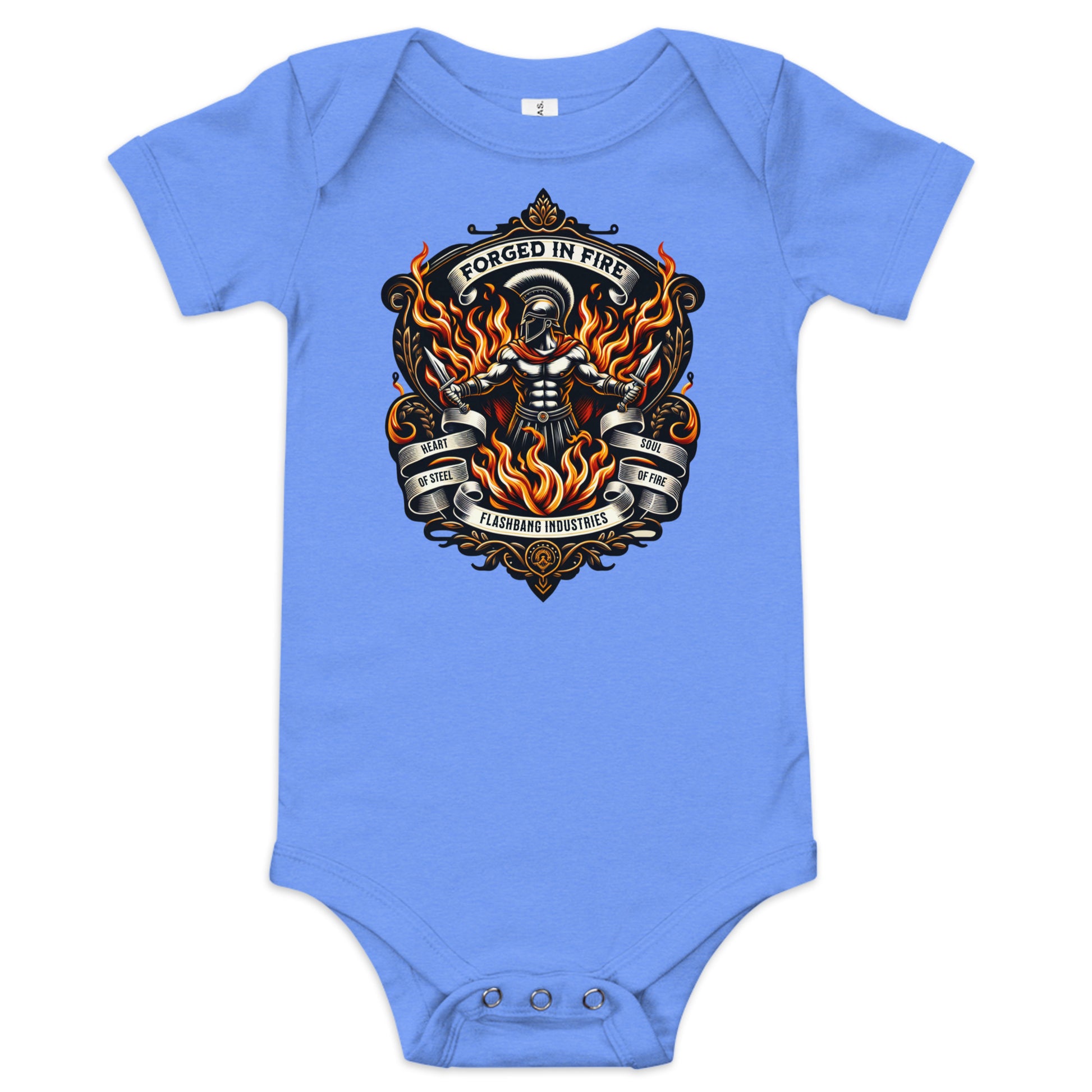 Blue baby onesie with a graphic design on a white background