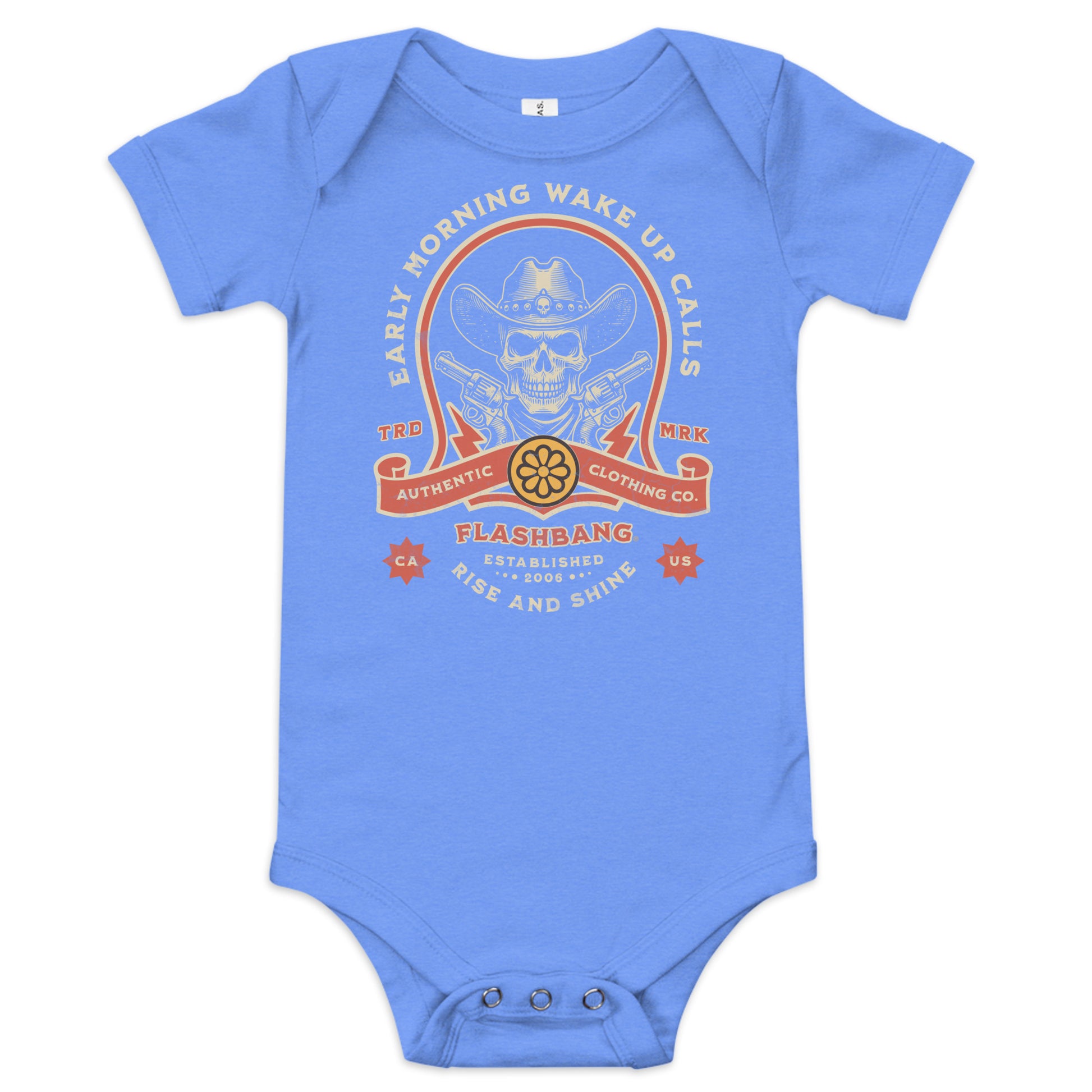 Blue baby onesie with graphic design on a white background