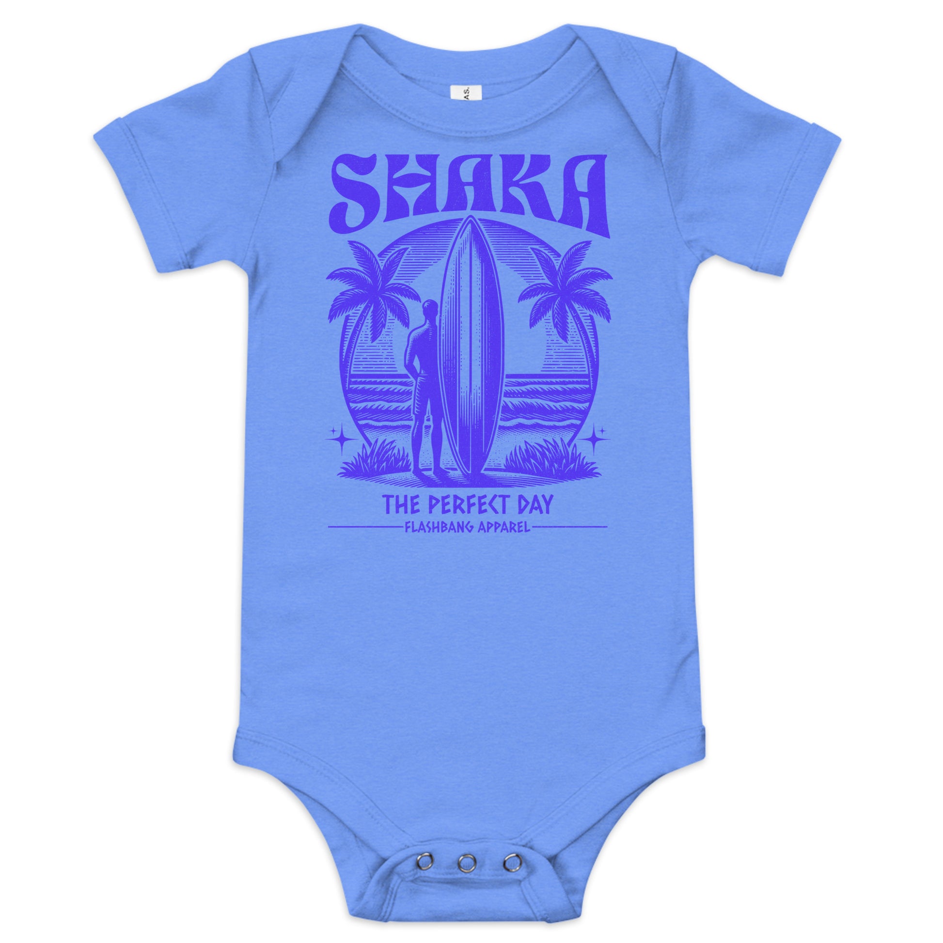 Blue baby onesie with a beach graphic and 'Shaka' text on a white background