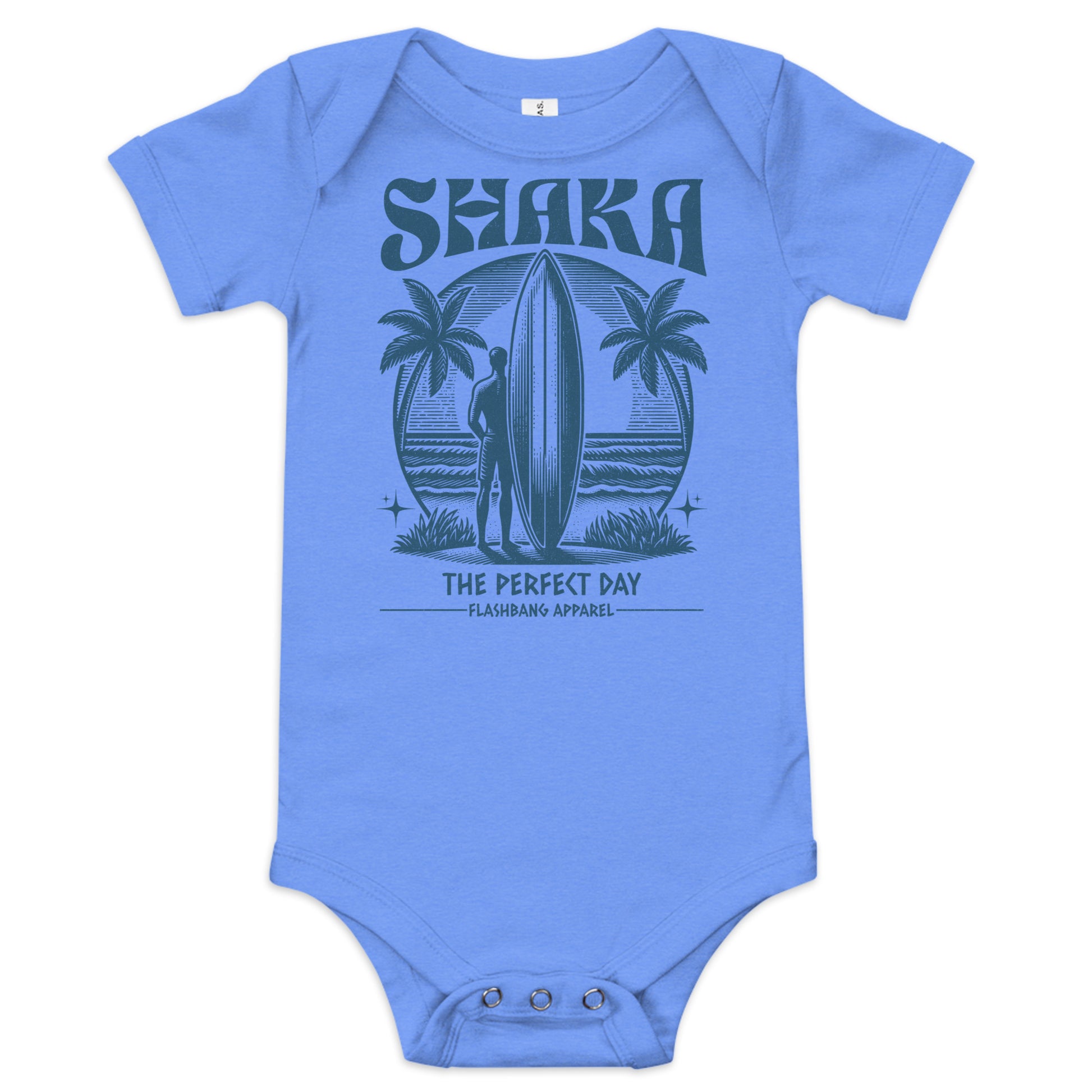 Blue baby onesie with a graphic design and text on a white background