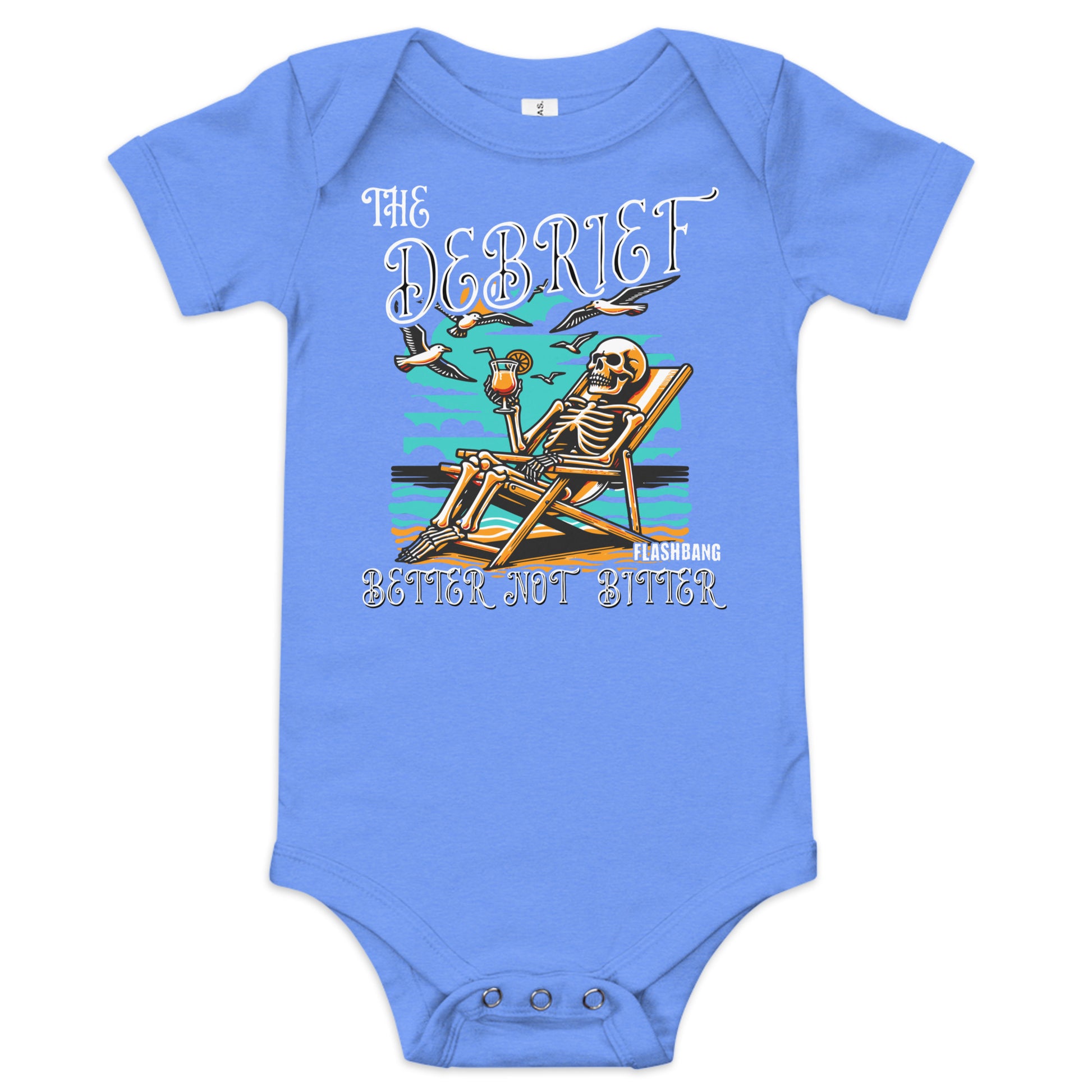 Blue baby onesie with skeleton design and text on a white background