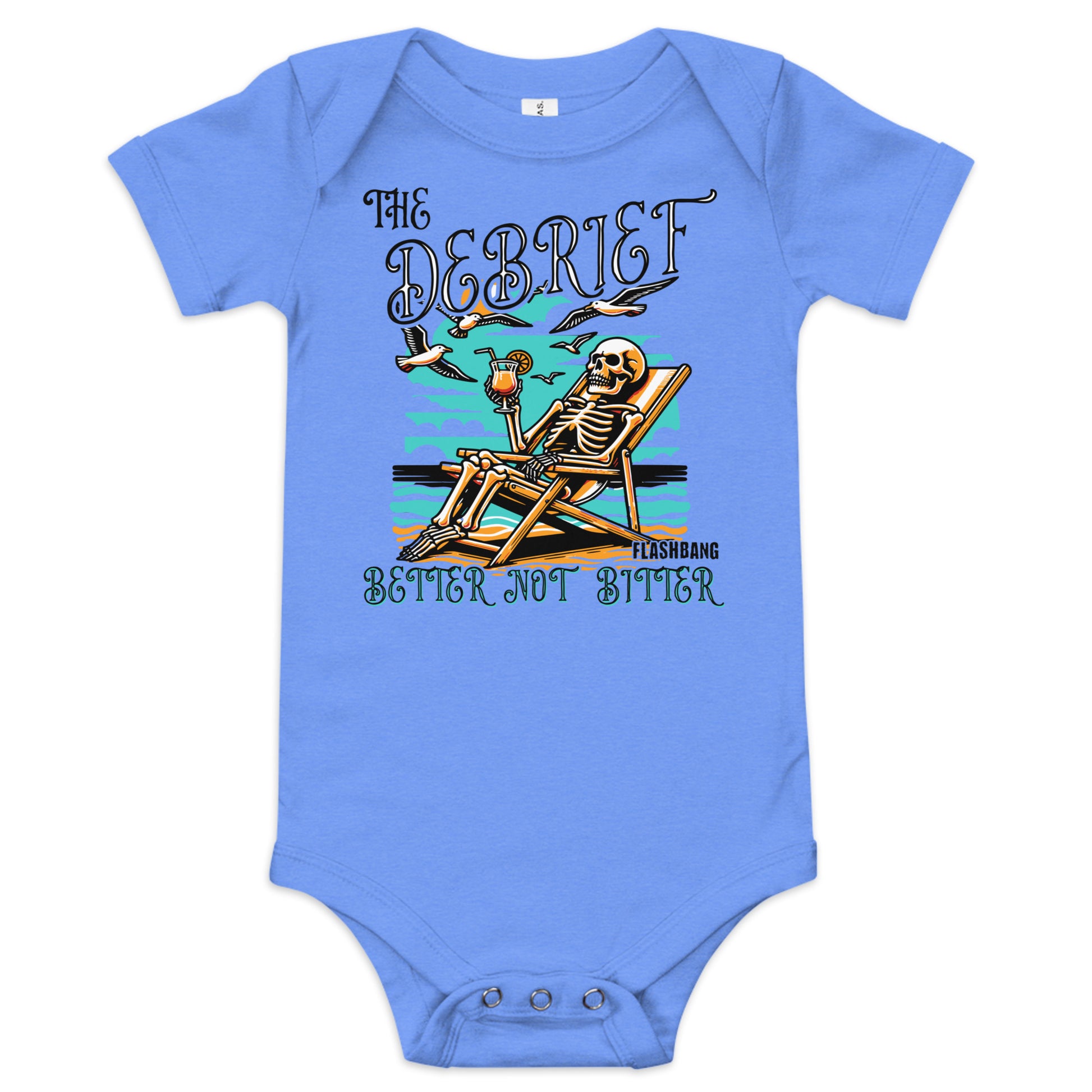 Blue baby onesie with skeleton design and text on a white background