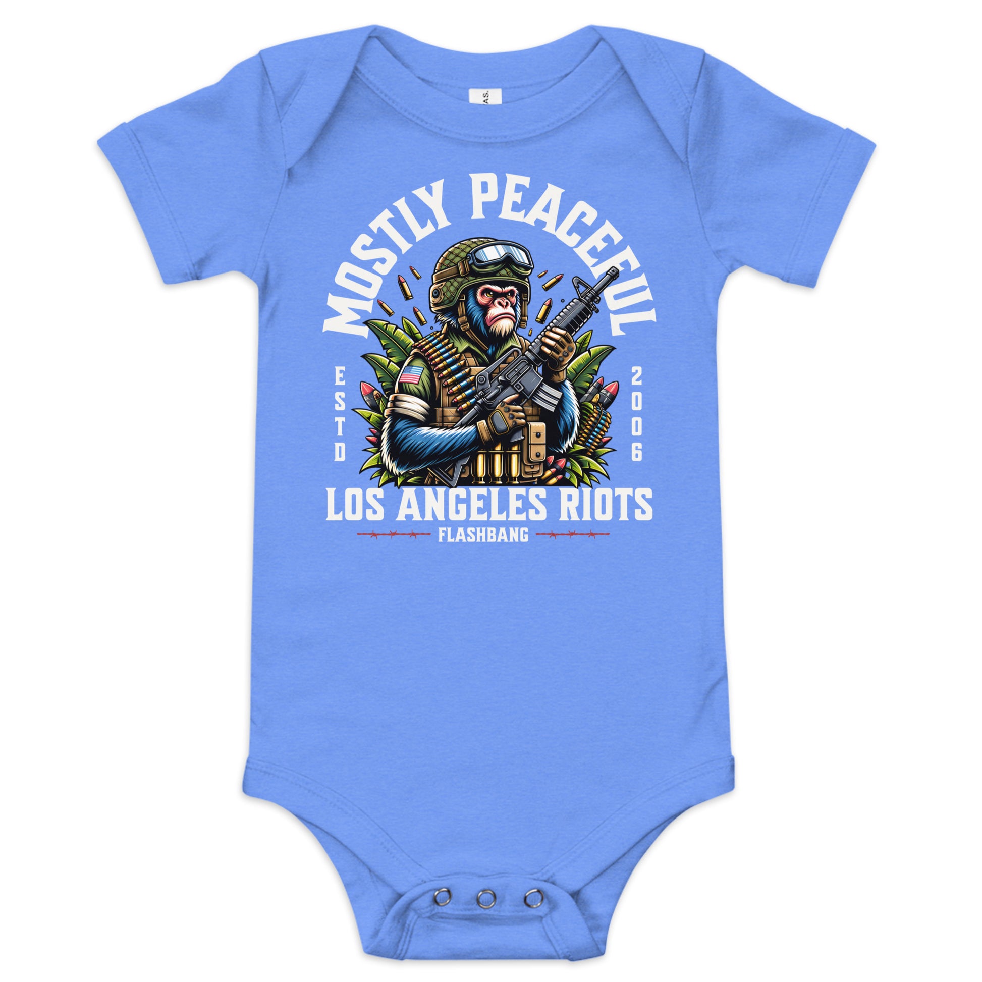 Blue baby onesie with a graphic design of a monkey holding guns and text on a white background