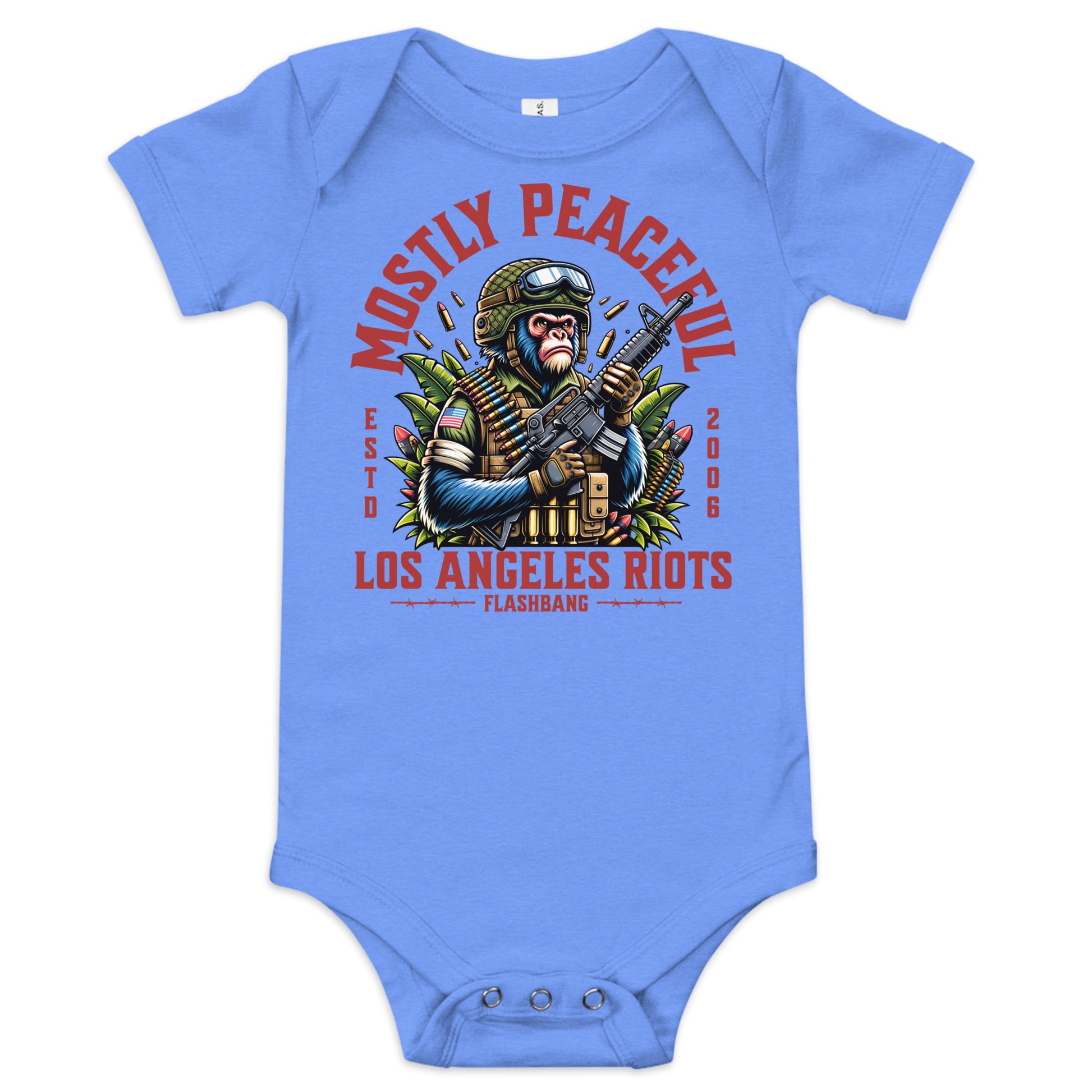 Blue baby onesie with a graphic design featuring a monkey holding a gun and text on a white background.