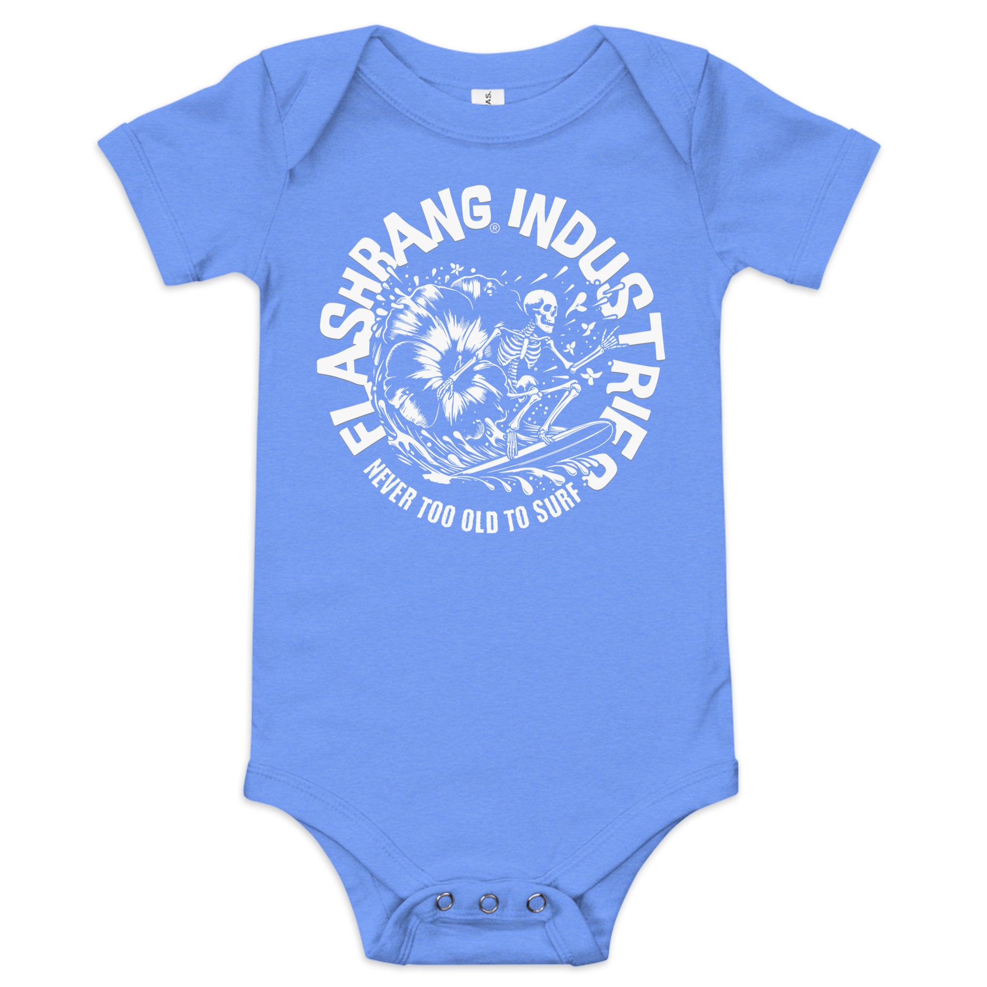 Blue baby onesie with white graphic and text on a white background