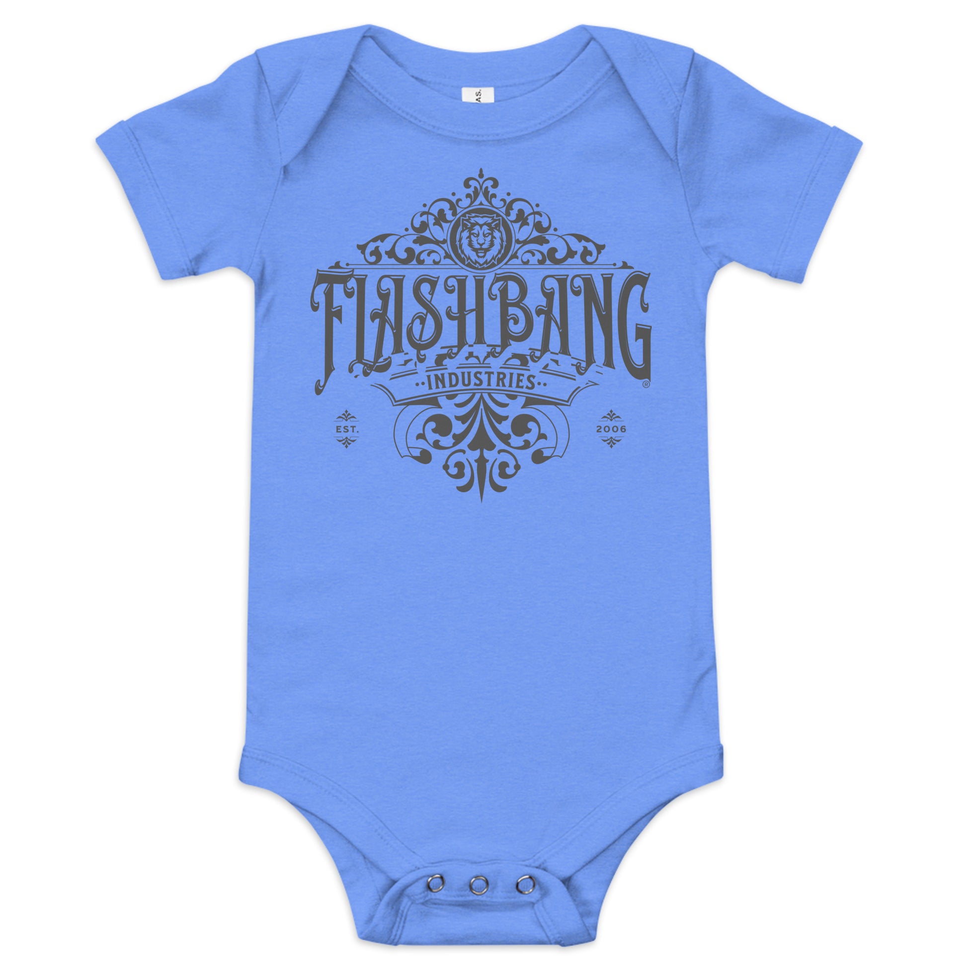 Blue baby onesie with 'Flashbang Industries' print on a white background