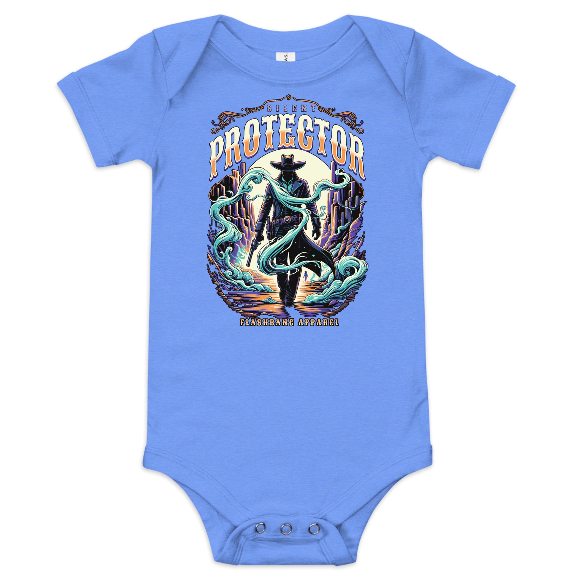 Blue baby onesie with a graphic design of a cowboy and octopus on a white background