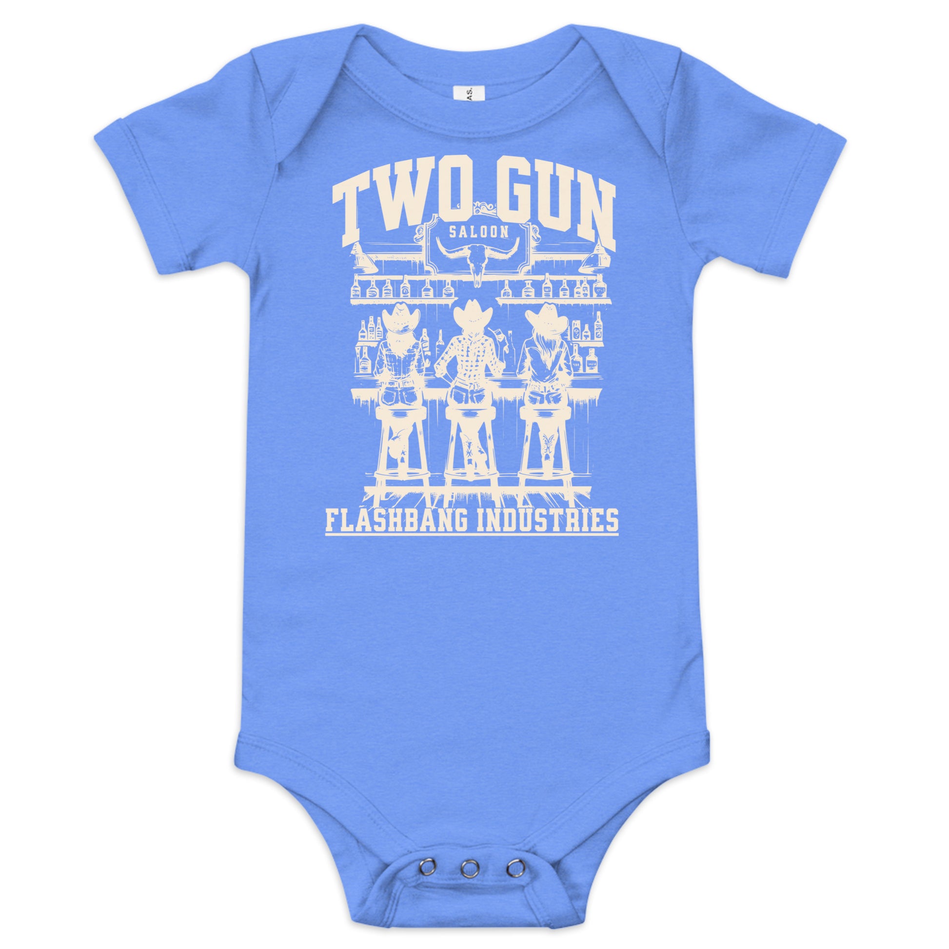 Blue baby onesie with white graphic design on a white background