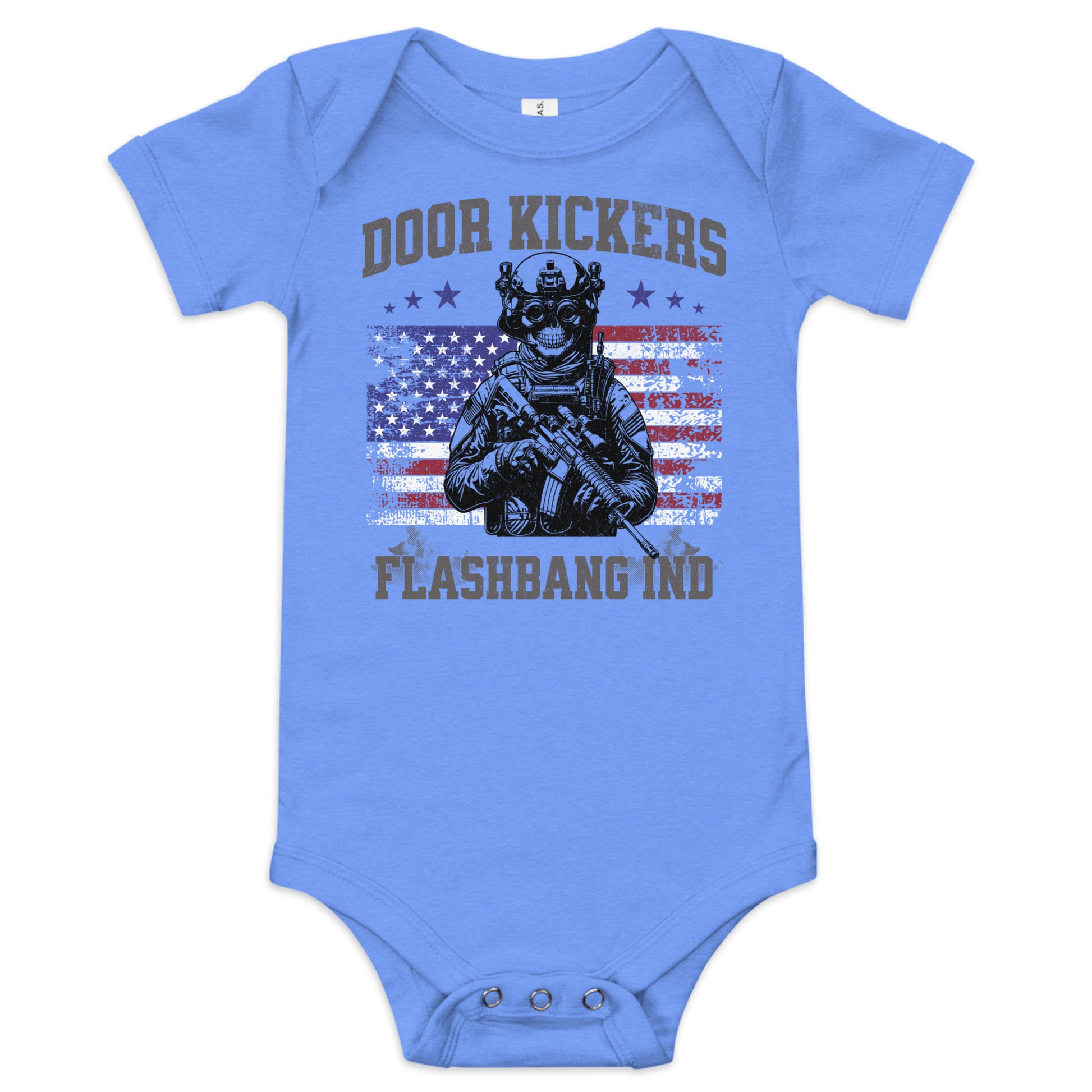 Blue baby onesie with graphic design and text on a white background