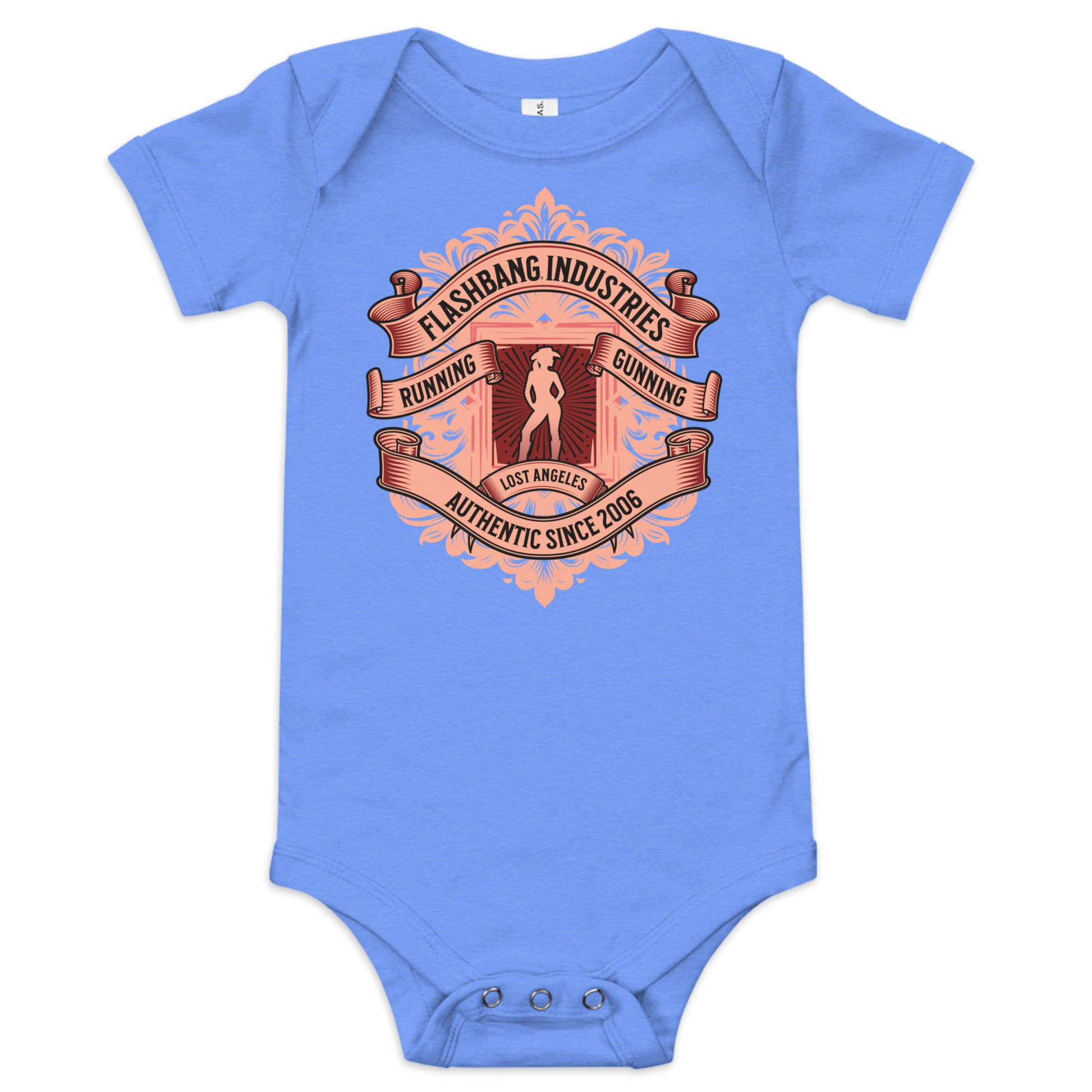 Blue baby onesie with a graphic design on a white background