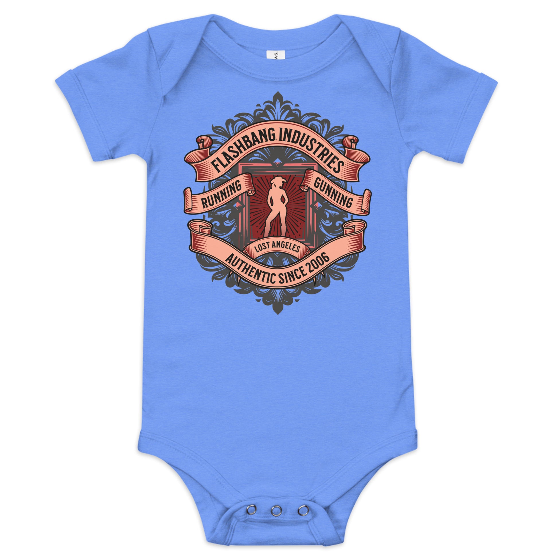 Blue baby onesie with a graphic design on a white background