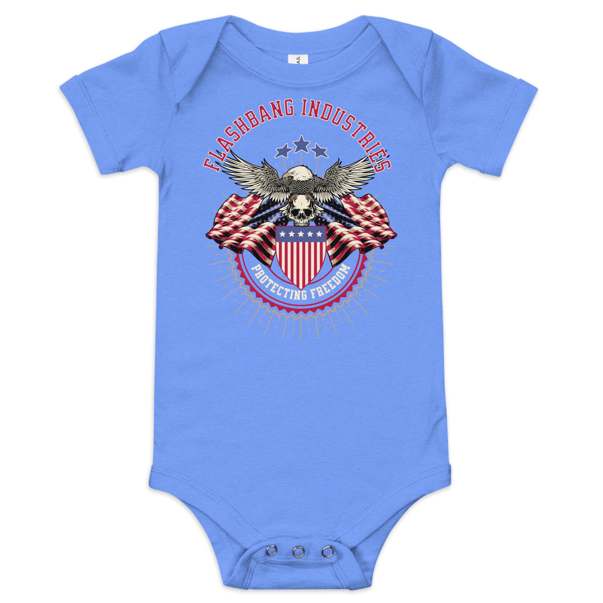 Blue baby onesie with an eagle, American flag, and text design on a white background