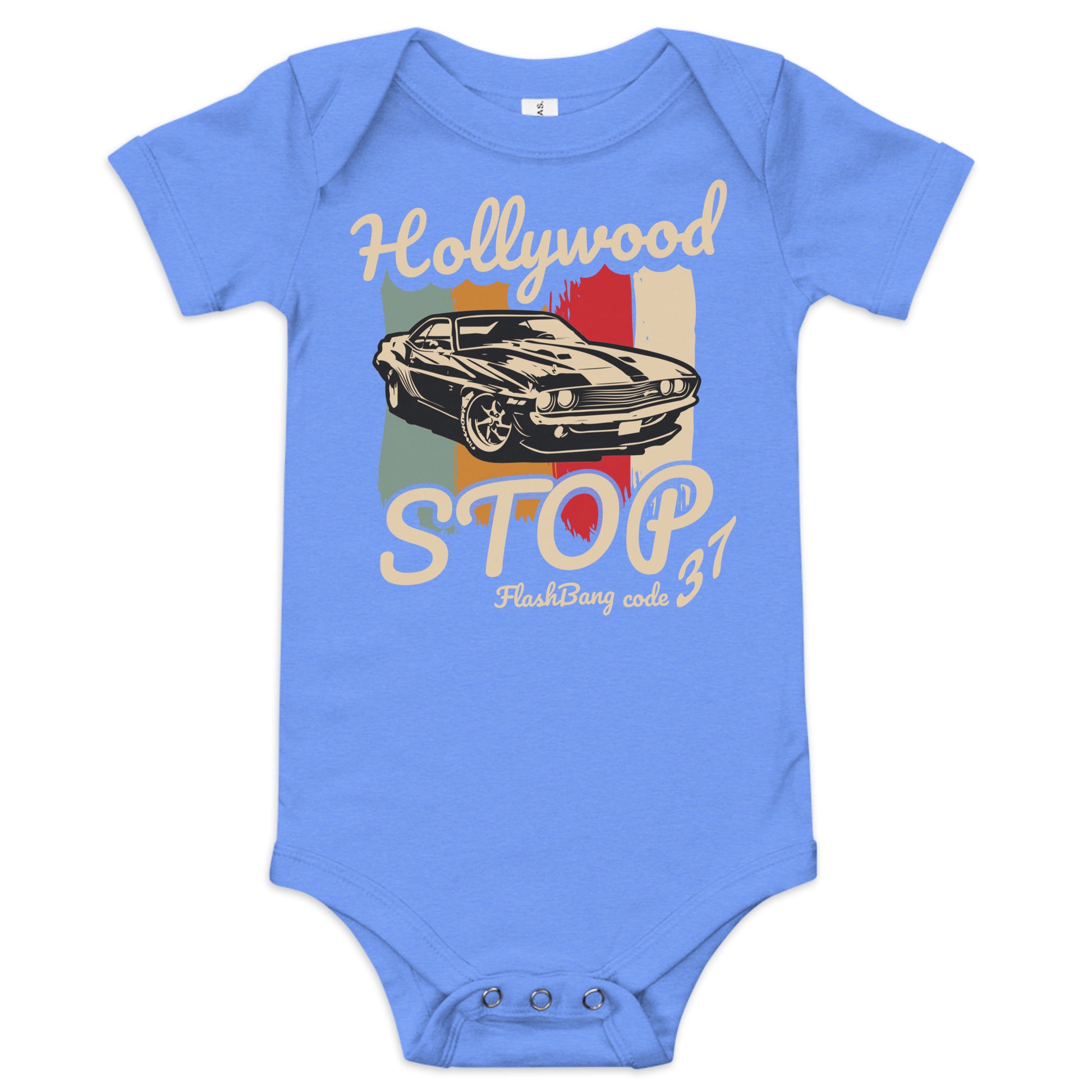 Blue baby onesie with a vintage car design and text on a white background