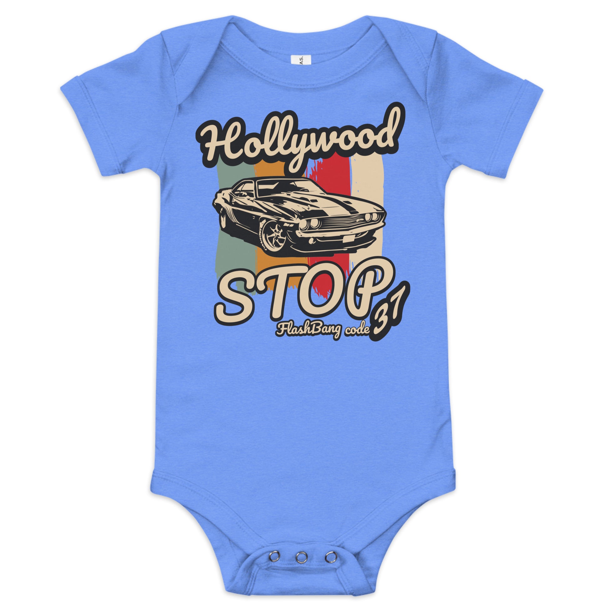 Blue baby onesie with a vintage car design and text on a white background