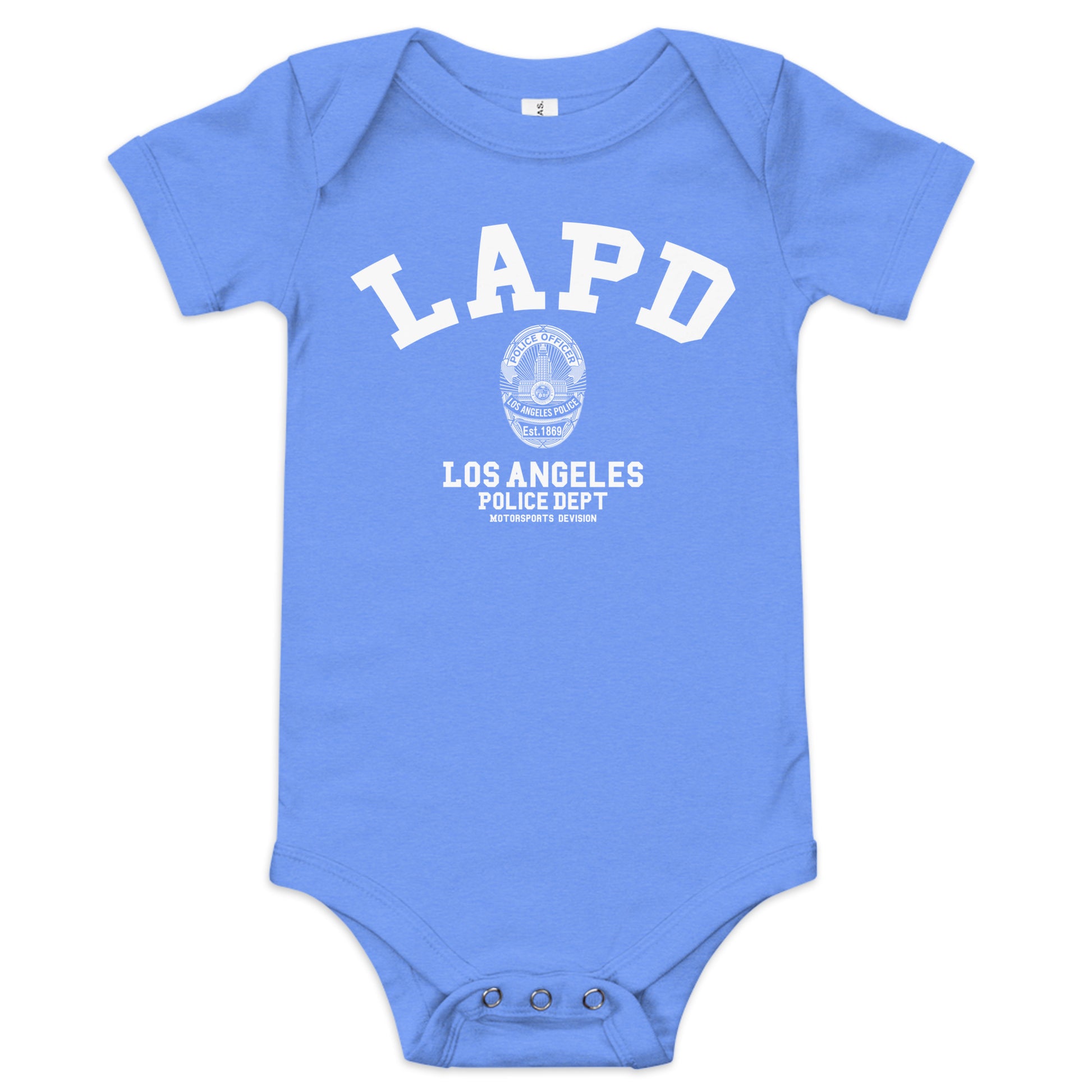 Blue baby onesie with LAPD Los Angeles Police Dept logo on a white background
