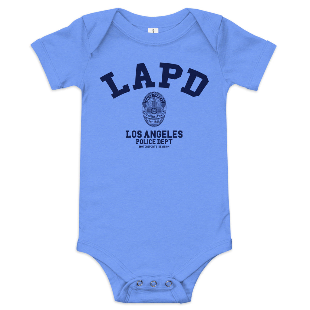 Blue baby onesie with LAPD Los Angeles Police Dept text and logo on a white background