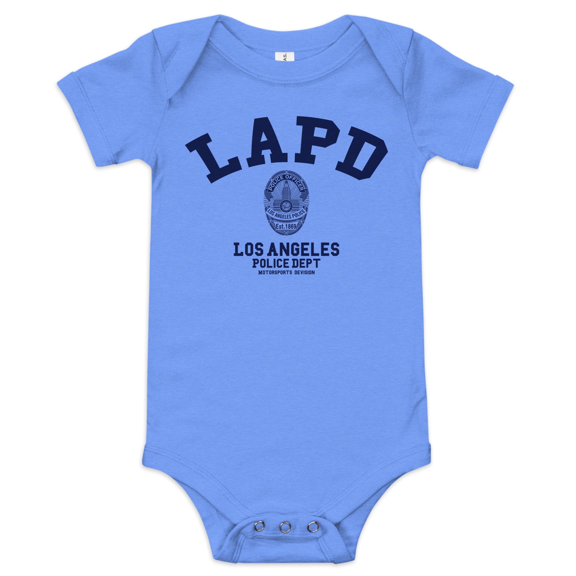 Blue baby onesie with LAPD Los Angeles Police Dept text and logo on a white background