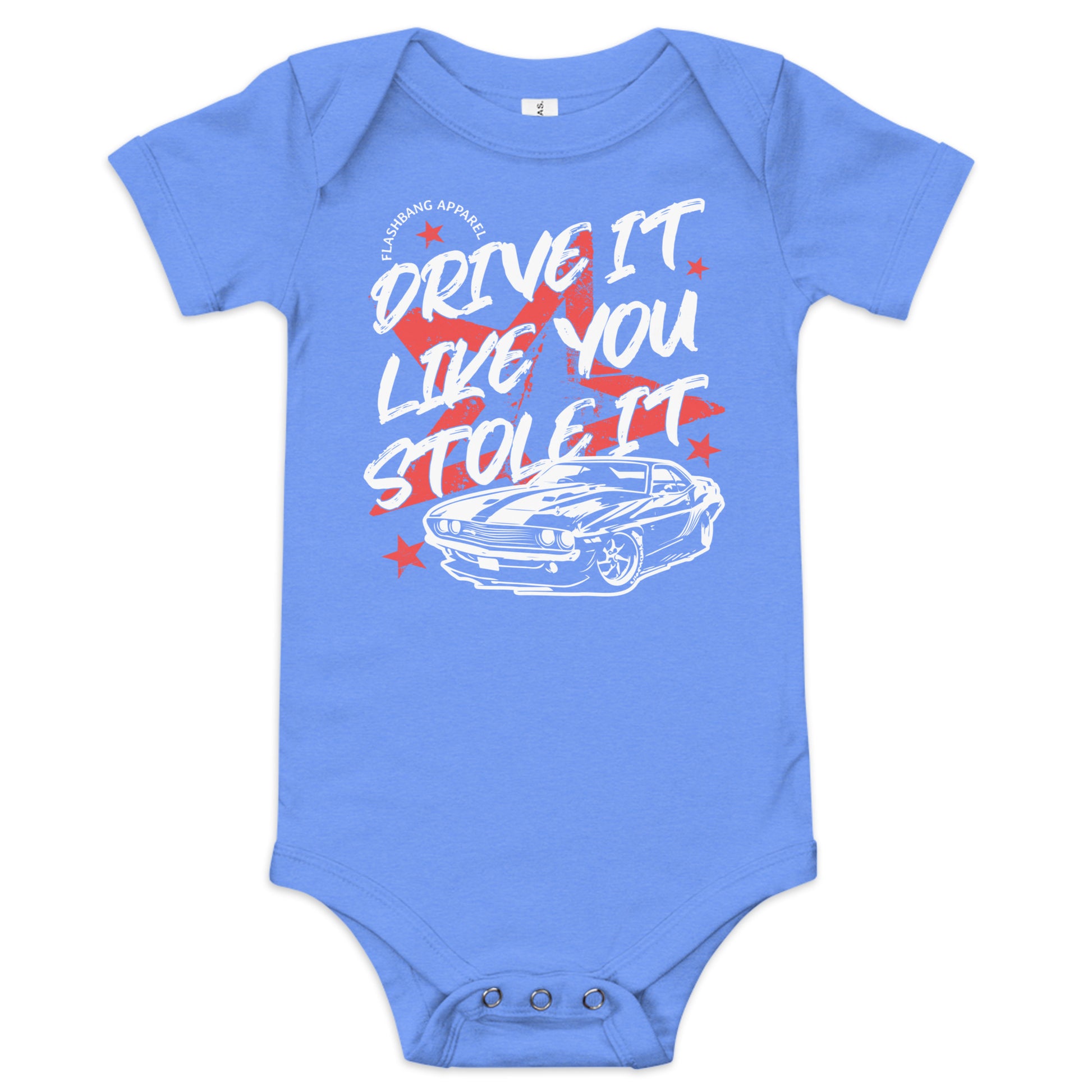 Blue baby onesie with graphic design and text on a white background