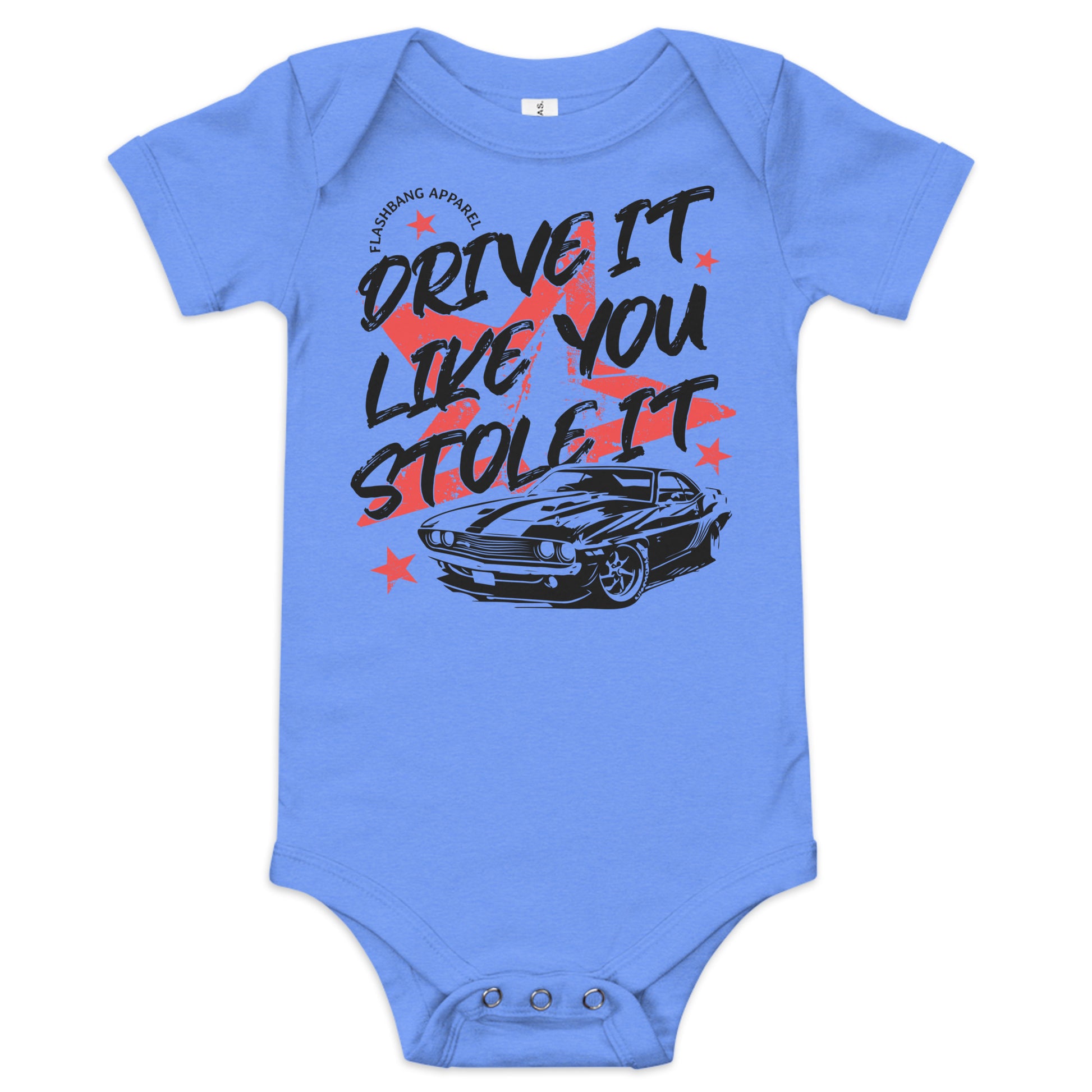 Blue baby onesie with car graphic and text on a white background