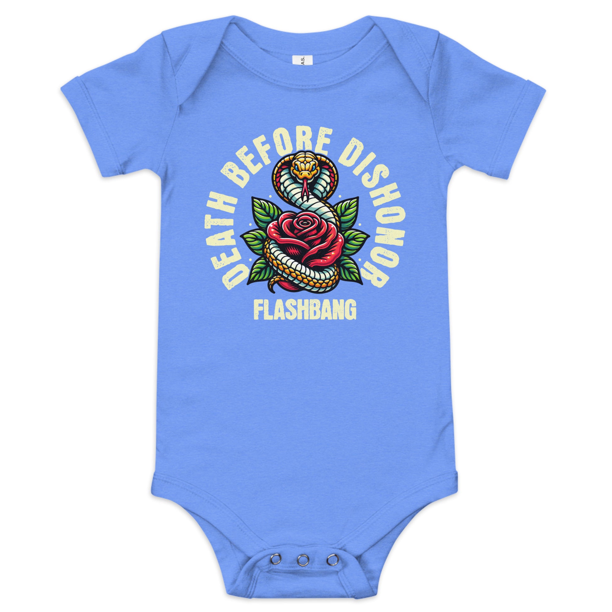 Blue baby onesie with snake and rose design and text on a white background