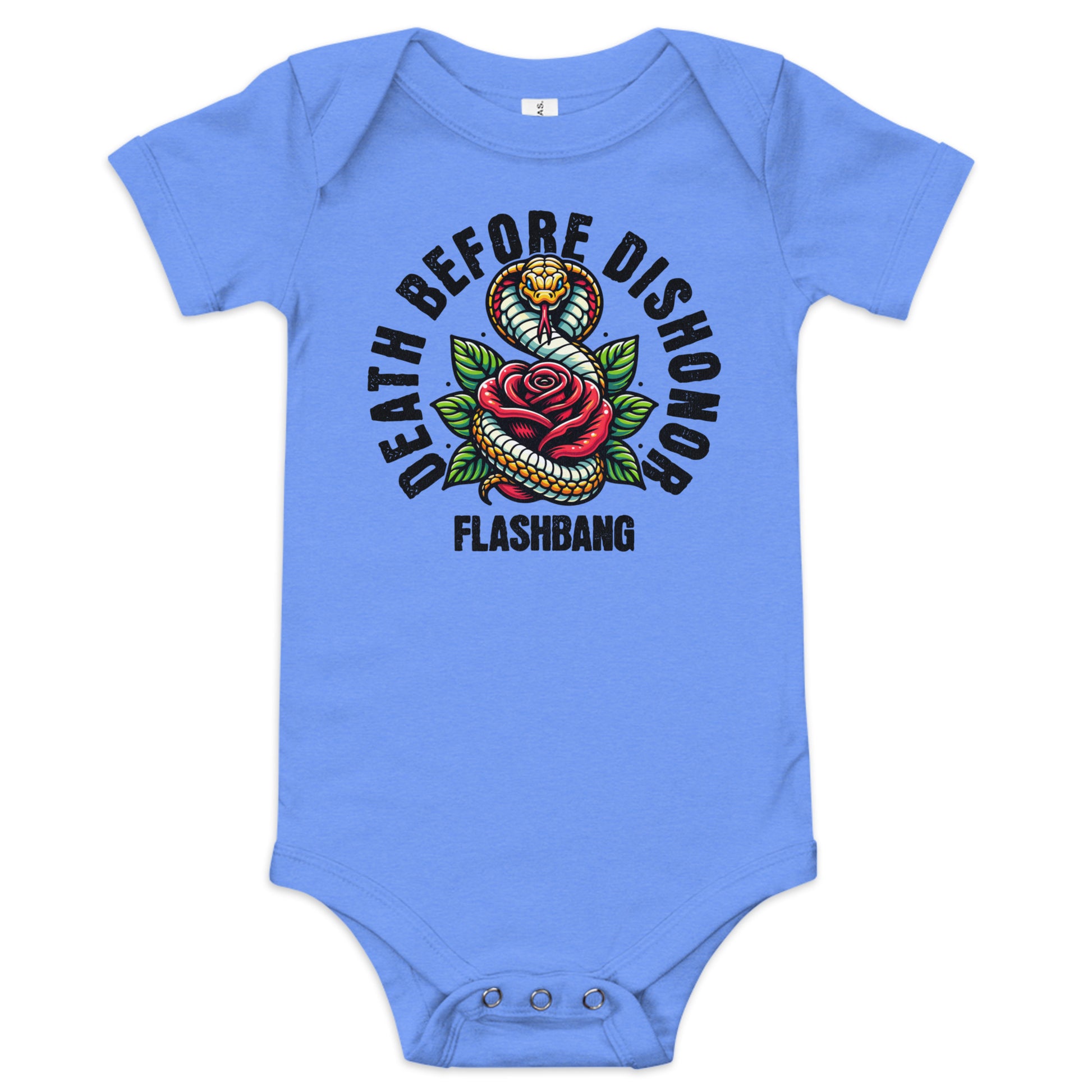 Blue baby onesie with snake and rose design and text on a white background