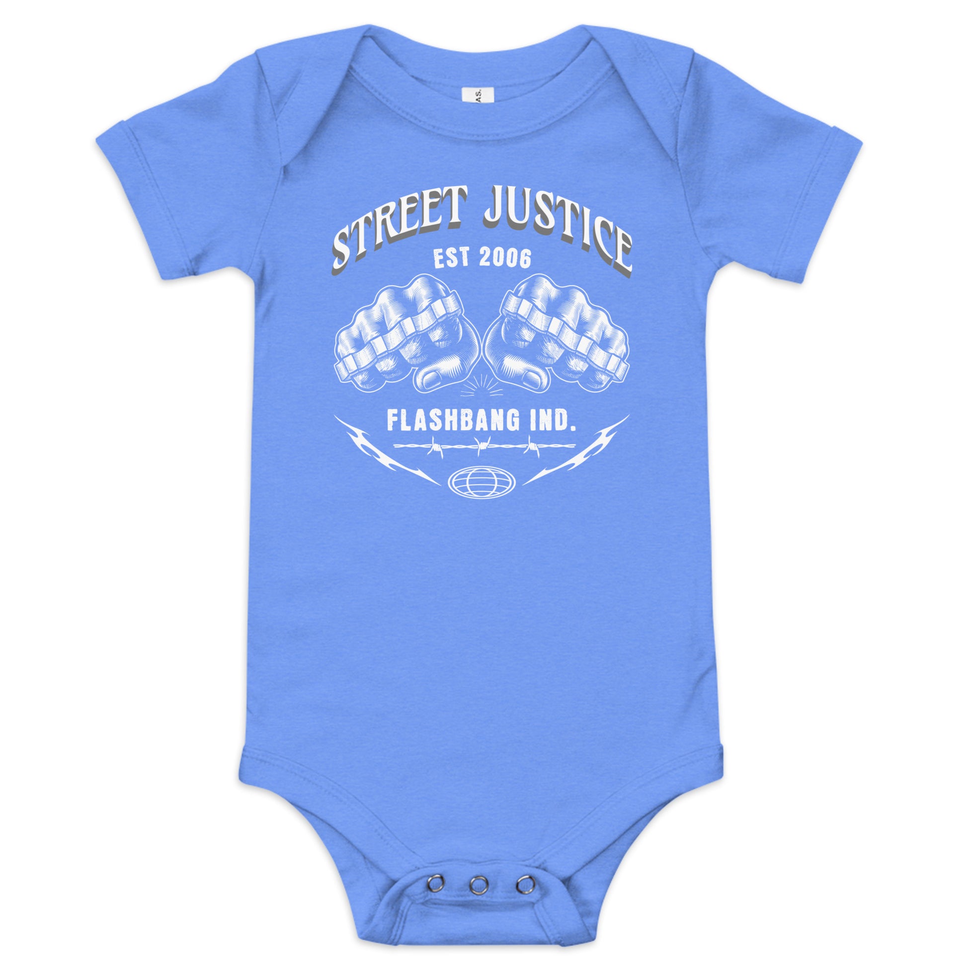 Blue baby onesie with 'Street Justice' graphic design on a white background