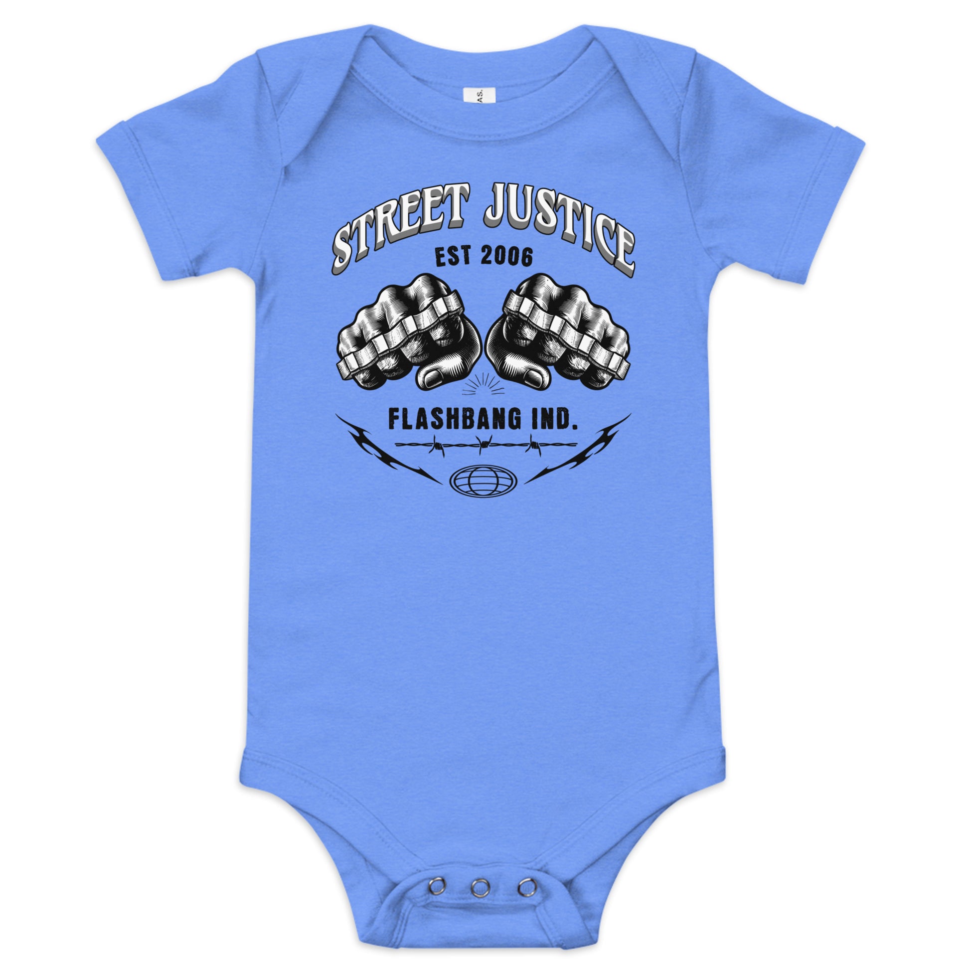 Blue baby onesie with 'Street Justice' design on a white background