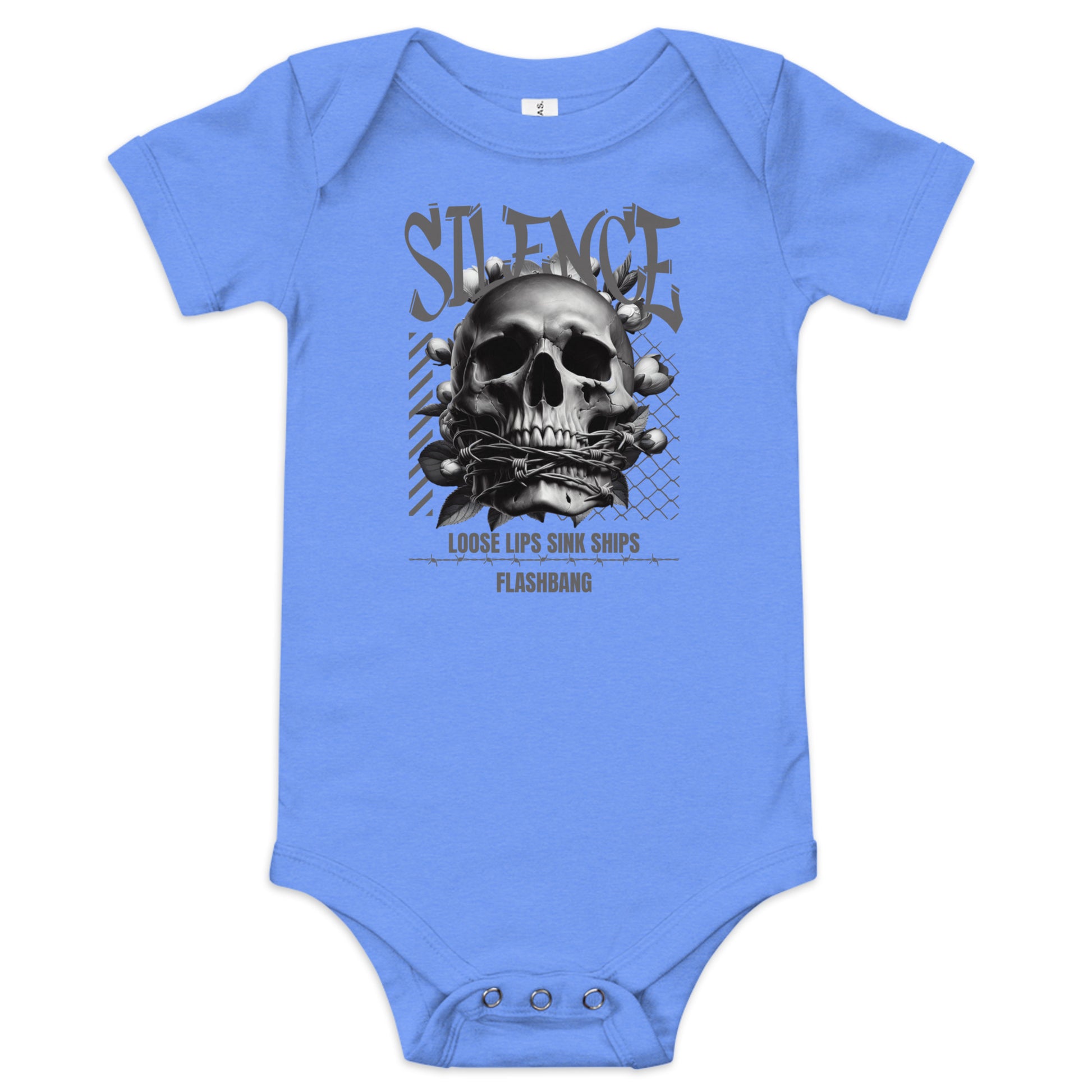 Blue baby onesie with a skull graphic and text on a white background