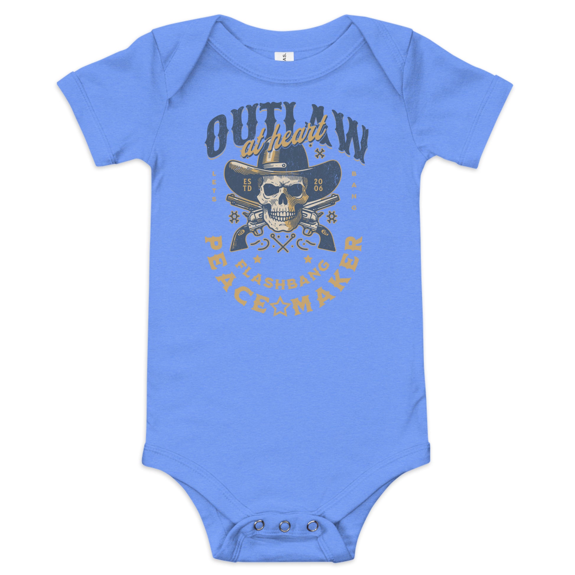 Blue baby onesie with skull and crossbones design on a white background