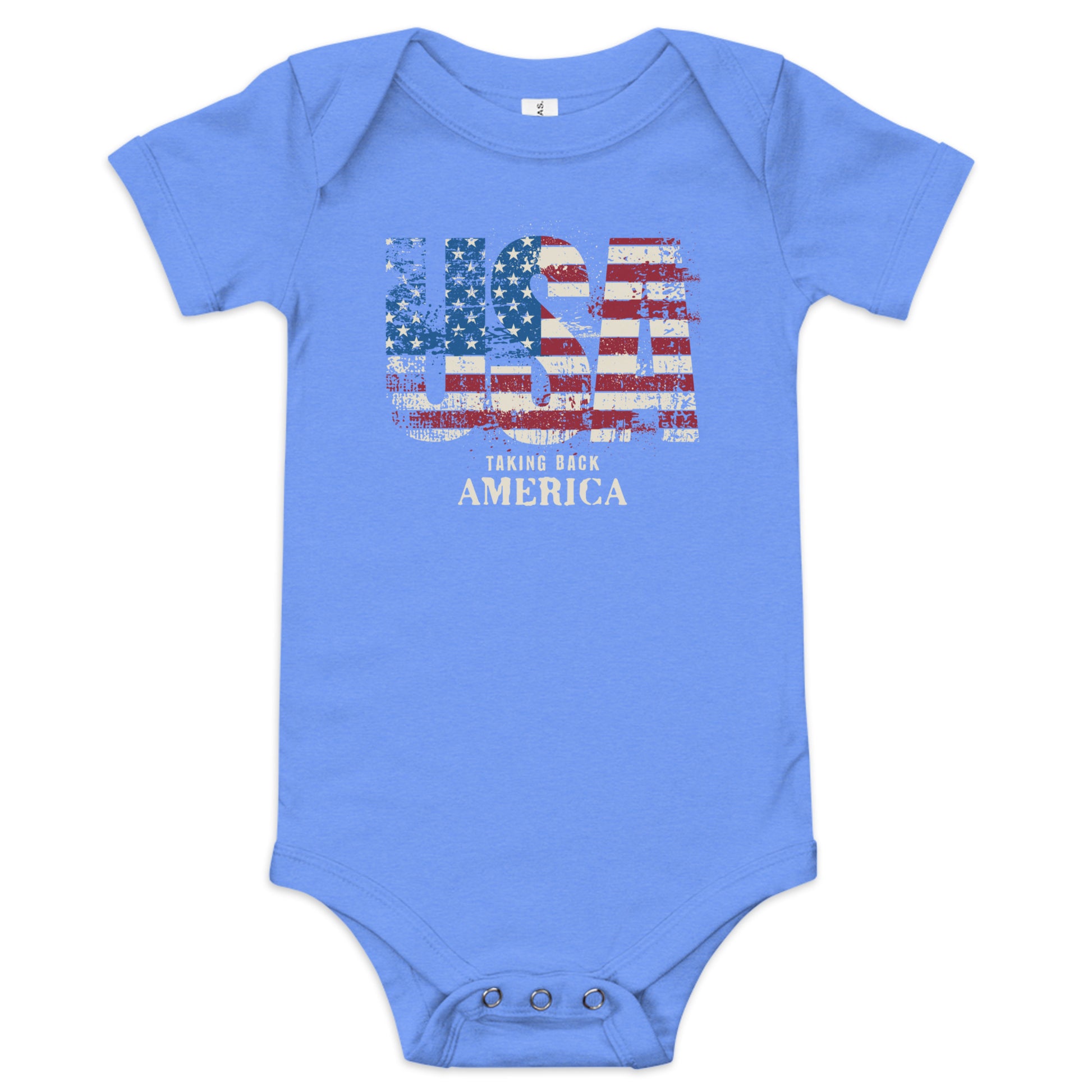 Blue baby onesie with American flag design and text on a white background