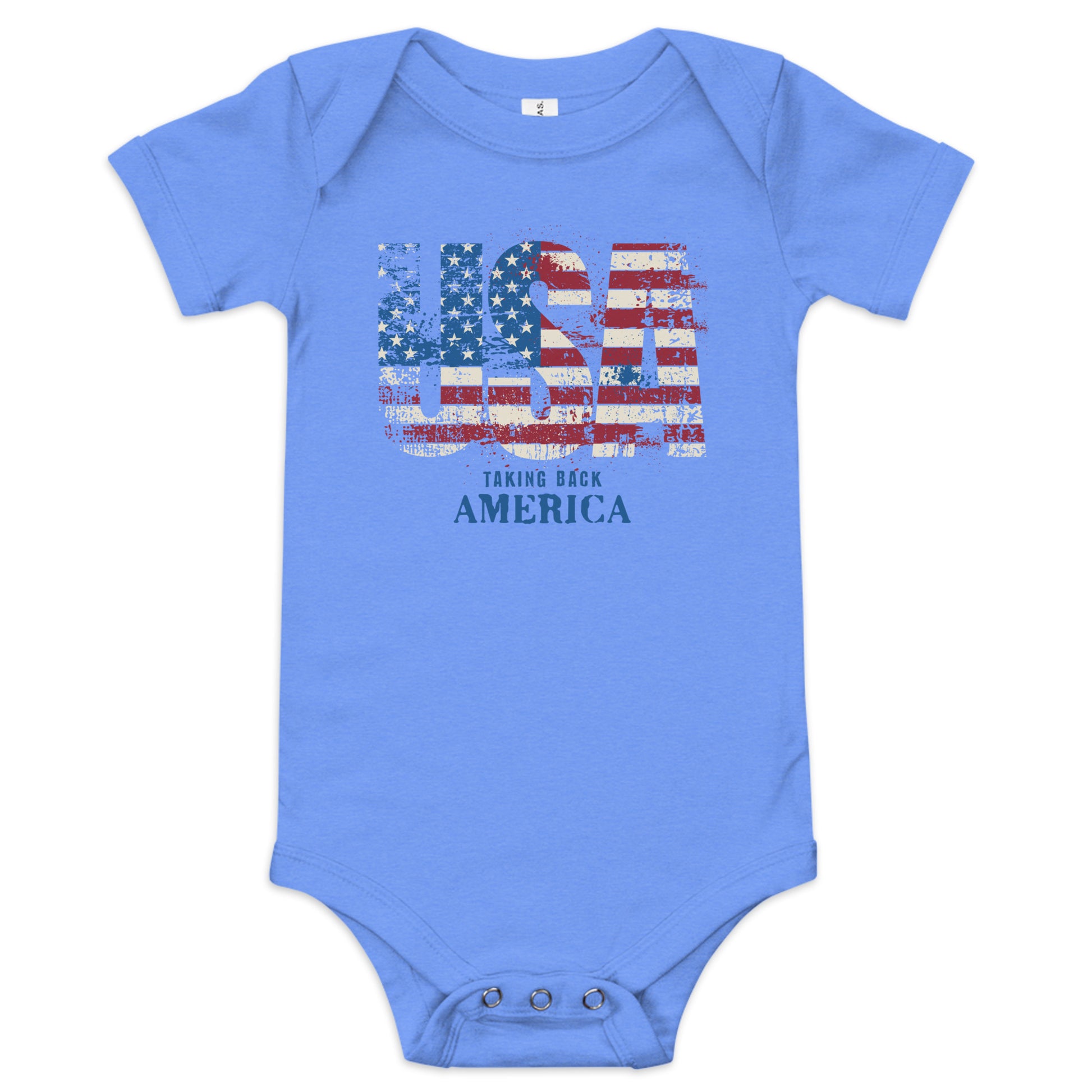 Blue baby onesie with American flag design and text on a white background
