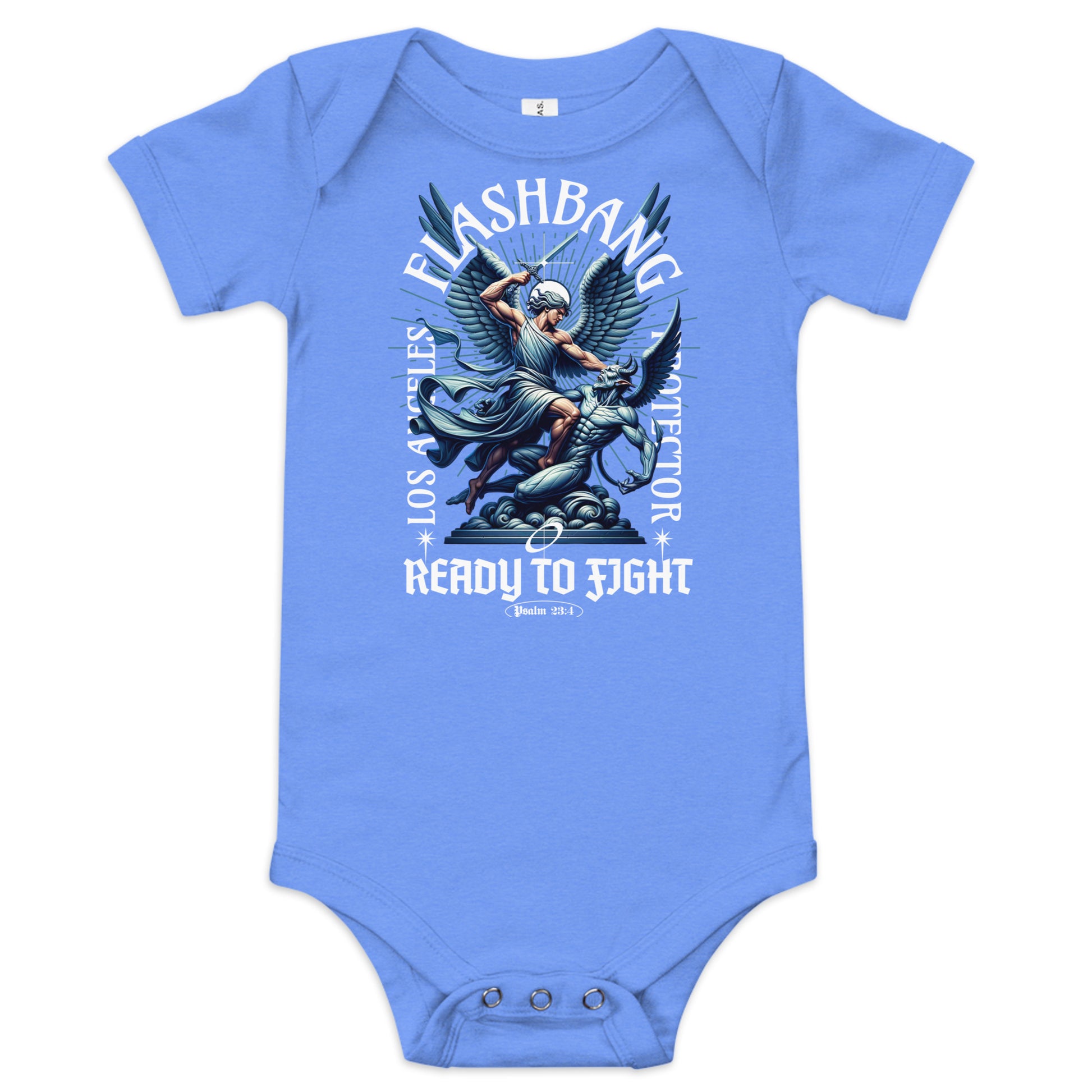Blue baby onesie with graphic design and text on a white background