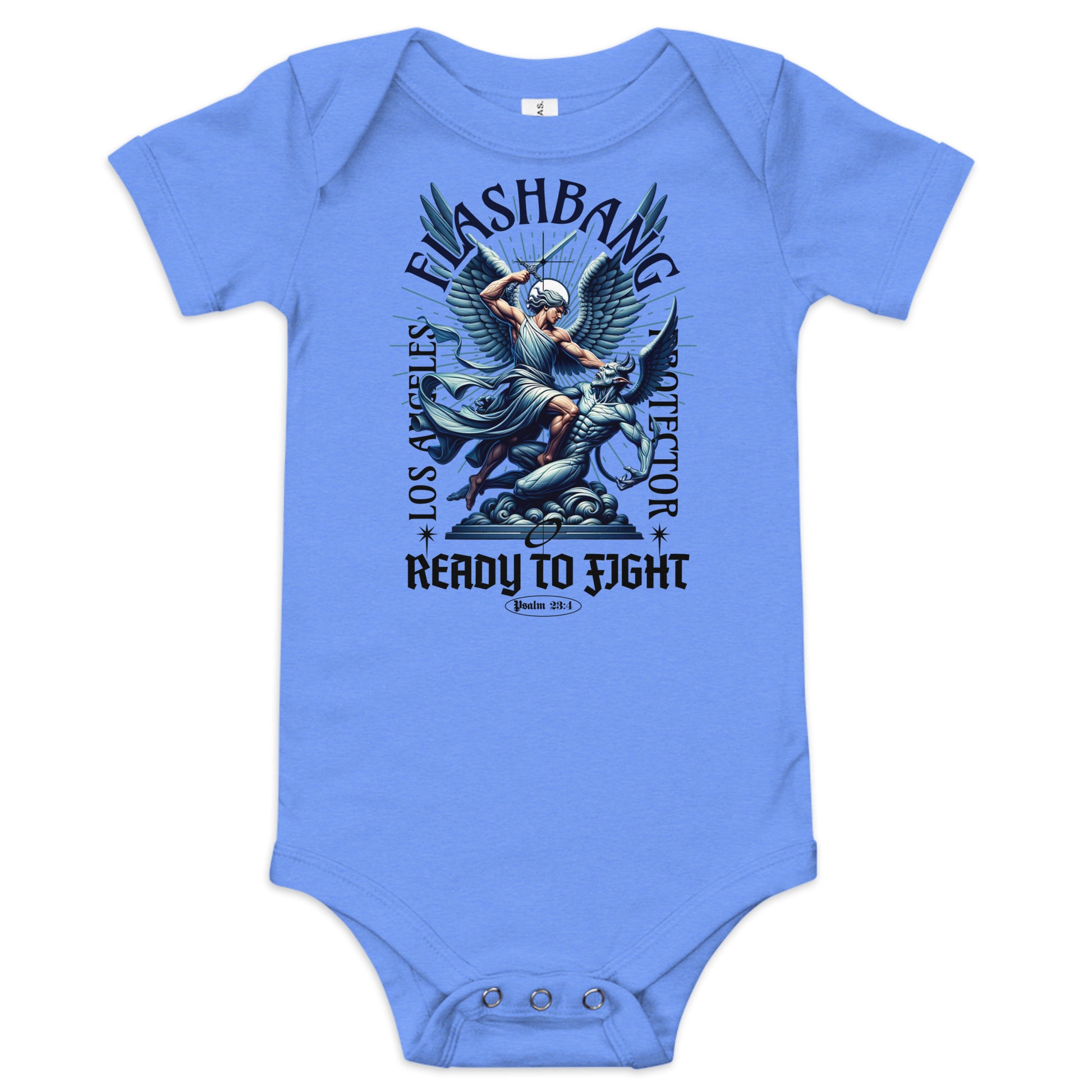 Blue baby onesie with graphic design and text on a white background