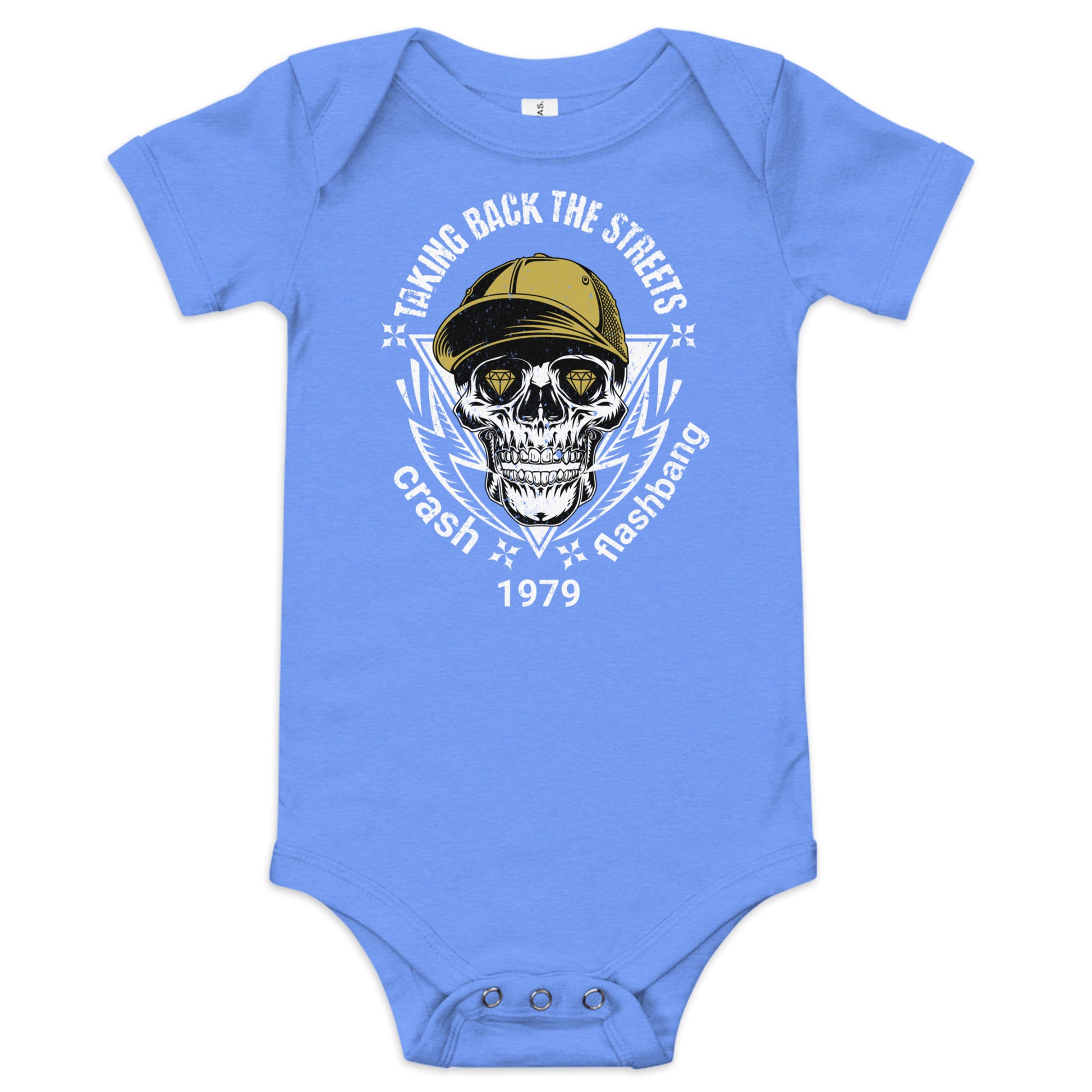 Blue baby onesie with a skull wearing a cap graphic and text on a white background