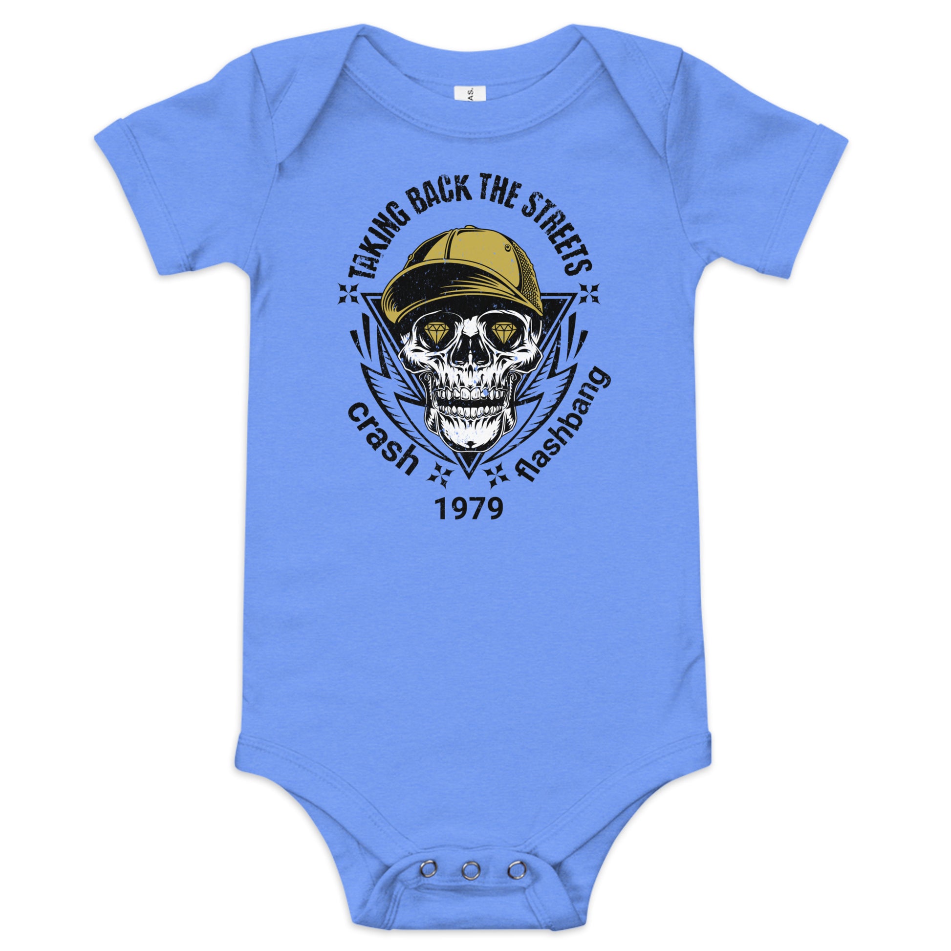 Blue baby onesie with a skull and cap graphic and text on a white background