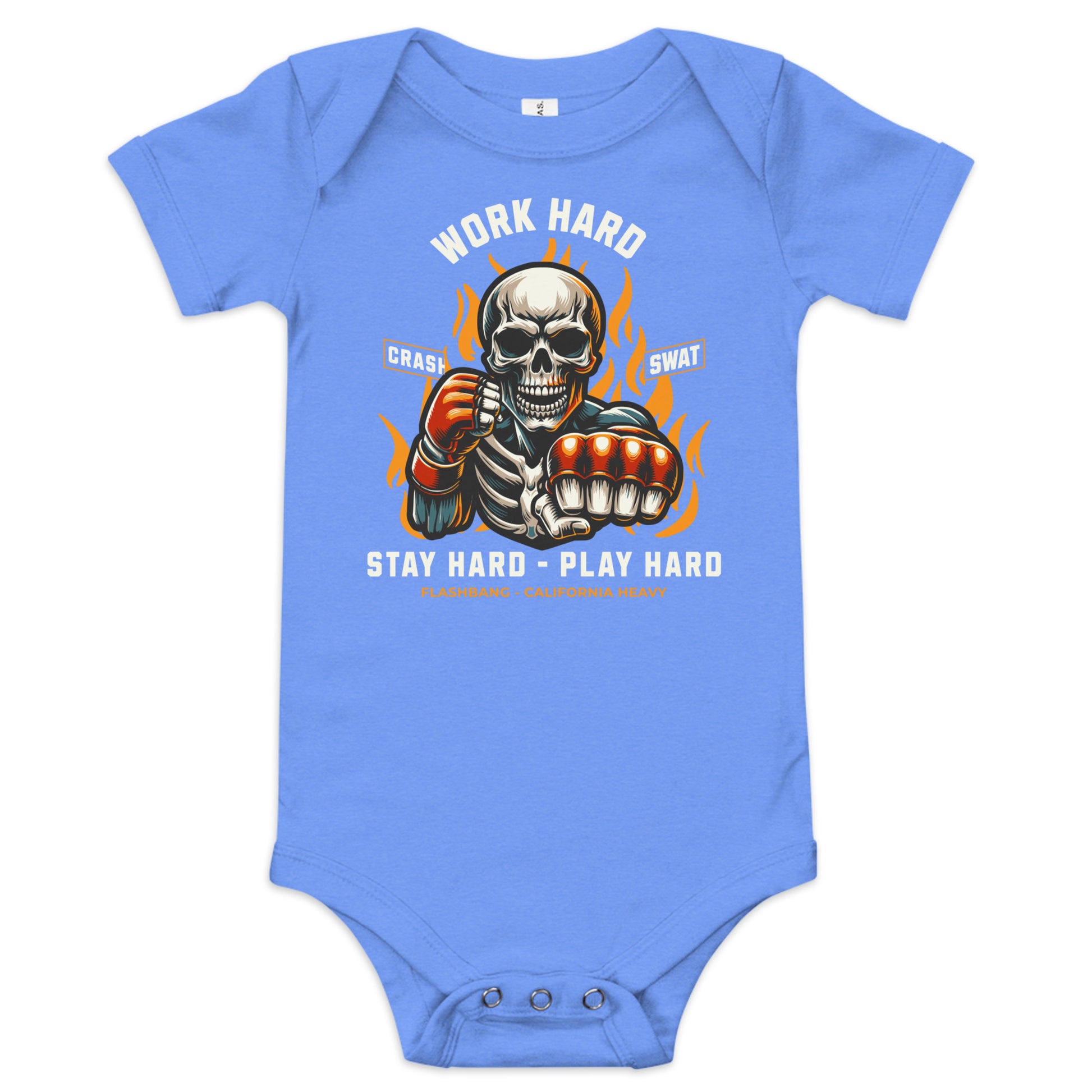 Blue baby onesie with a skull design and text on a white background